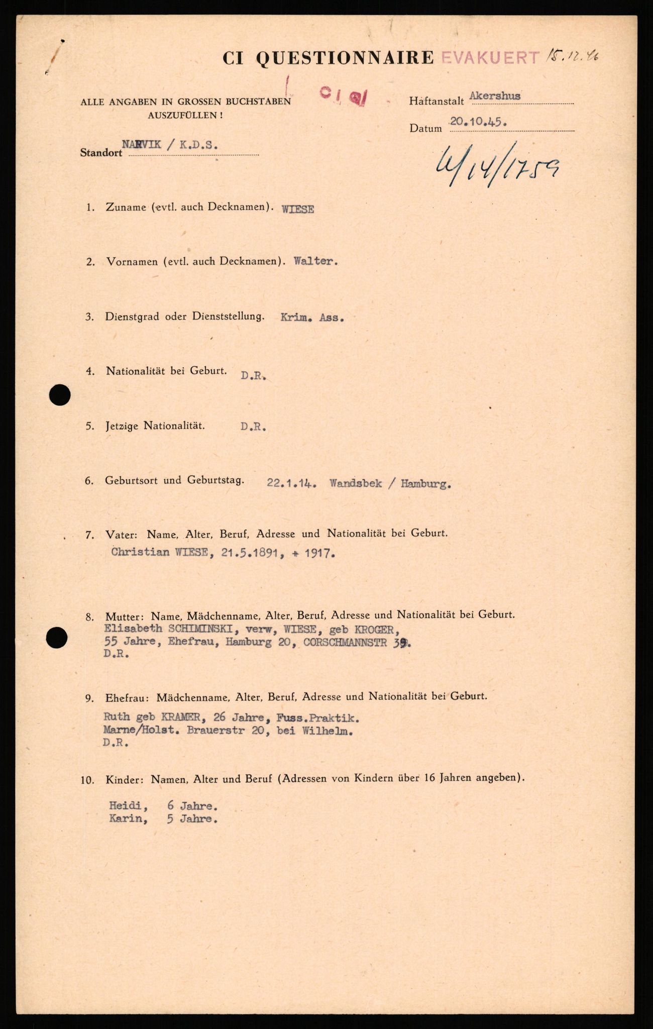 Forsvaret, Forsvarets overkommando II, AV/RA-RAFA-3915/D/Db/L0035: CI Questionaires. Tyske okkupasjonsstyrker i Norge. Tyskere., 1945-1946, s. 515