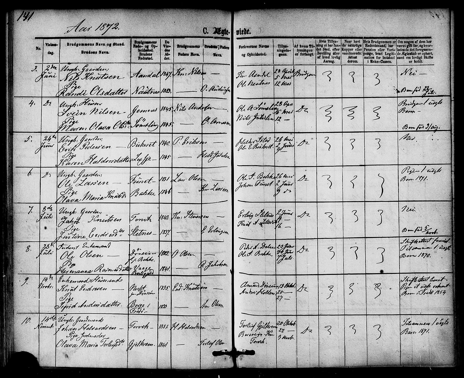 Ministerialprotokoller, klokkerbøker og fødselsregistre - Møre og Romsdal, SAT/A-1454/584/L0966: Ministerialbok nr. 584A06, 1869-1878, s. 141