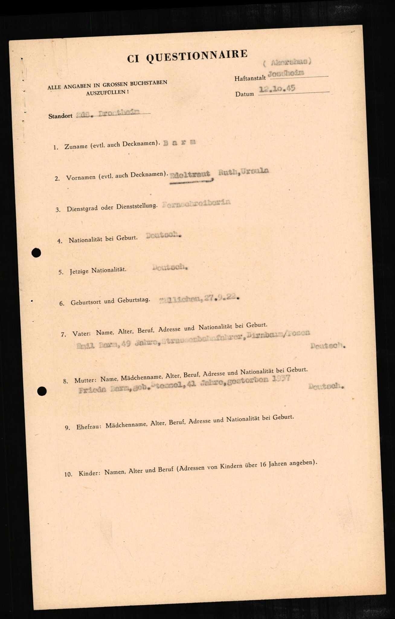 Forsvaret, Forsvarets overkommando II, RA/RAFA-3915/D/Db/L0002: CI Questionaires. Tyske okkupasjonsstyrker i Norge. Tyskere., 1945-1946, s. 79