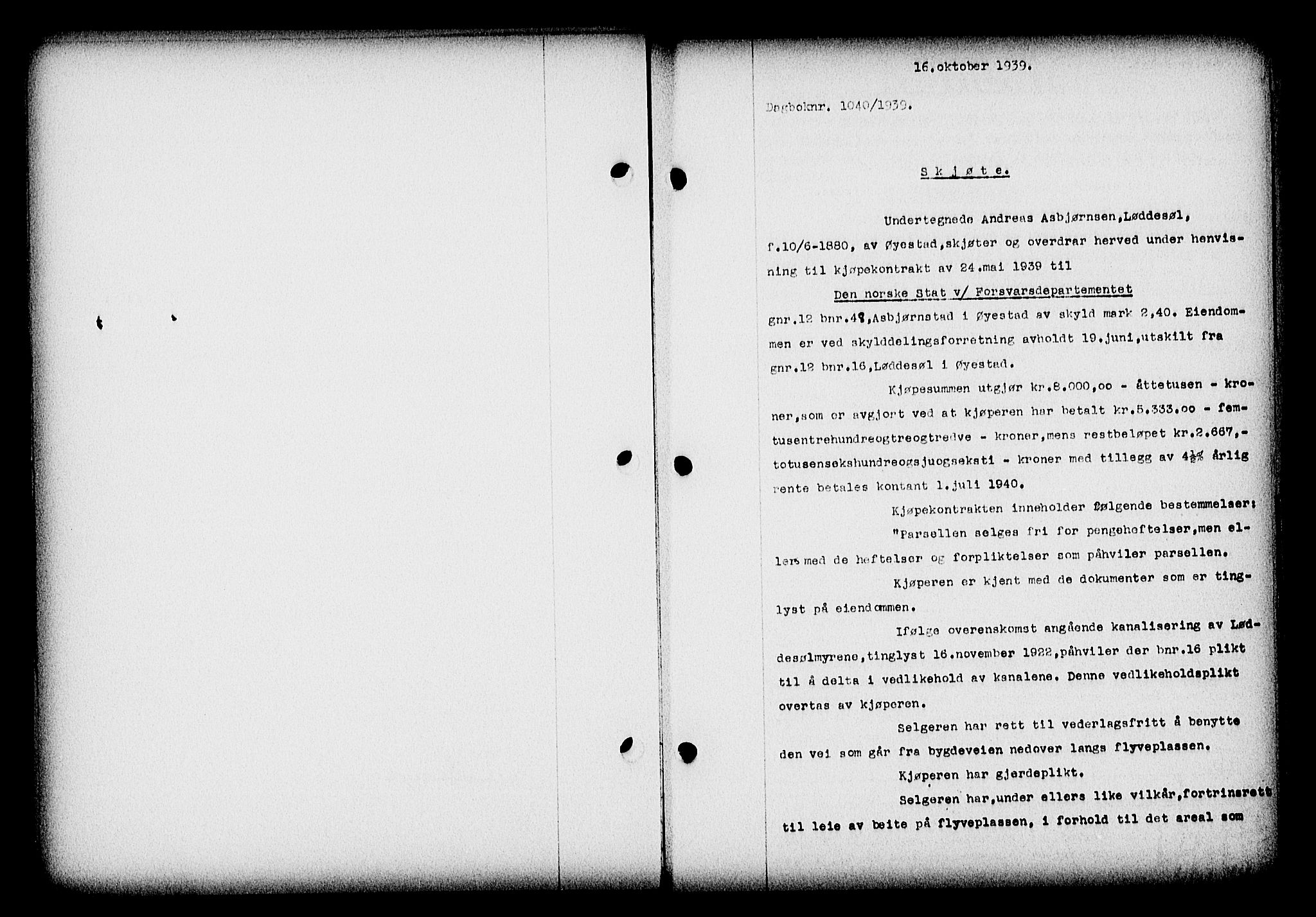 Nedenes sorenskriveri, AV/SAK-1221-0006/G/Gb/Gba/L0047: Pantebok nr. A-I, 1939-1940, Dagboknr: 1040/1939