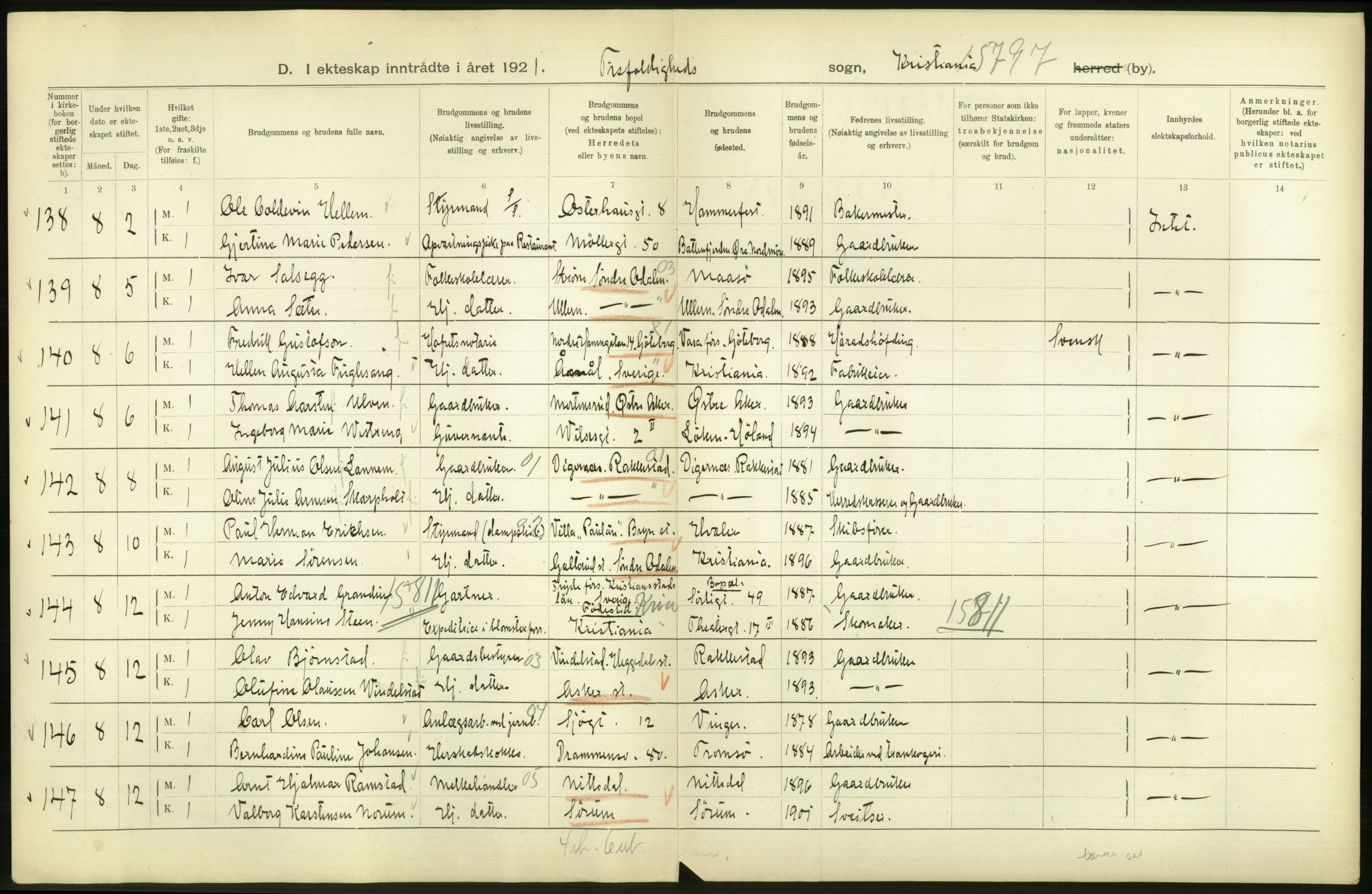 Statistisk sentralbyrå, Sosiodemografiske emner, Befolkning, AV/RA-S-2228/D/Df/Dfc/Dfca/L0011: Kristiania: Gifte, 1921, s. 36