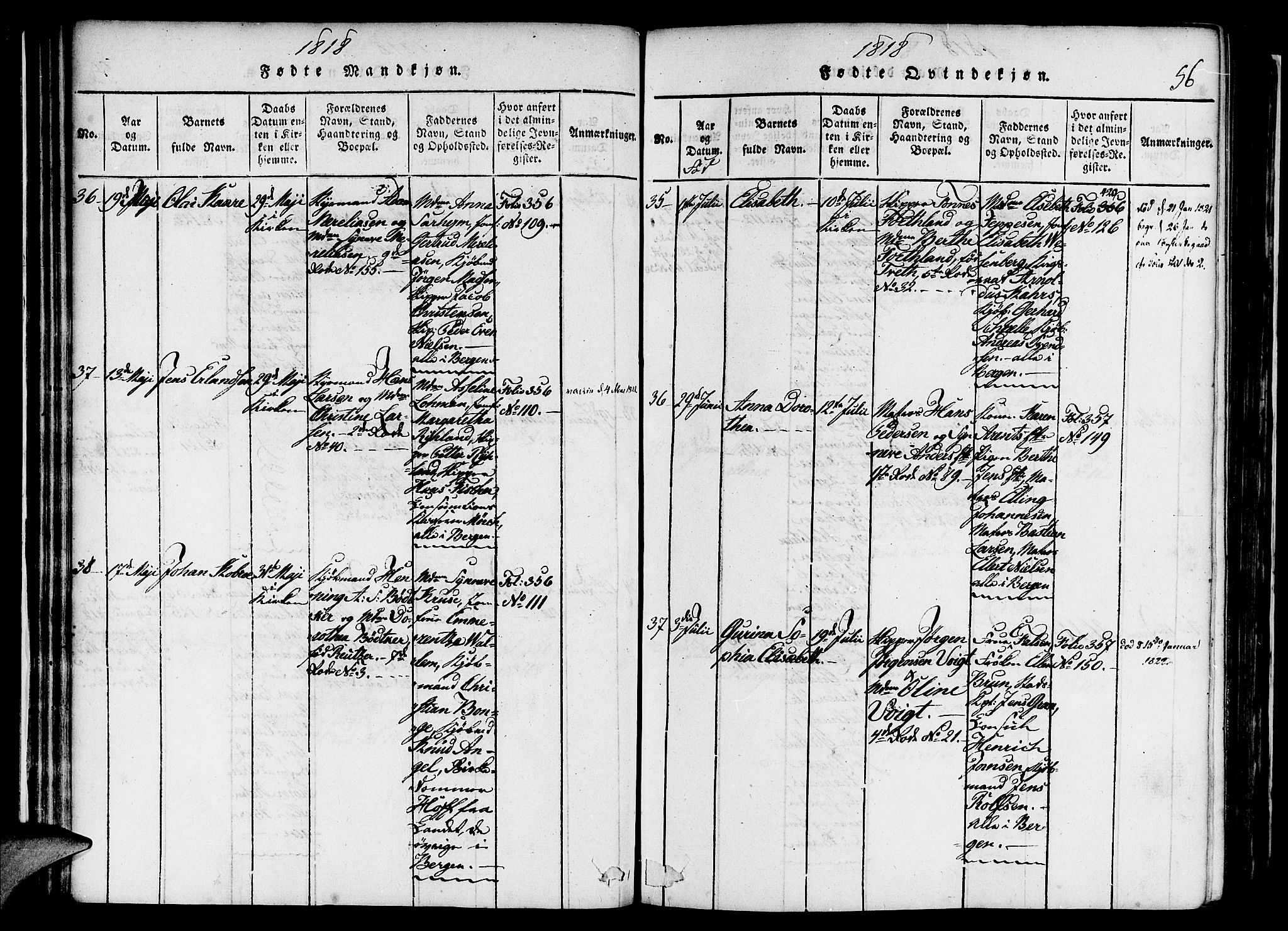Nykirken Sokneprestembete, AV/SAB-A-77101/H/Haa/L0011: Ministerialbok nr. A 11, 1816-1821, s. 56