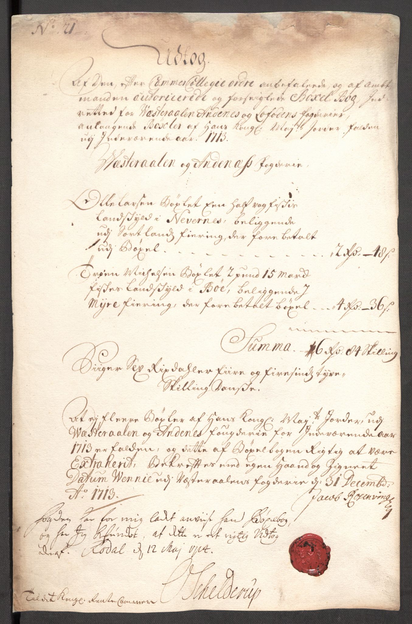 Rentekammeret inntil 1814, Reviderte regnskaper, Fogderegnskap, RA/EA-4092/R67/L4679: Fogderegnskap Vesterålen, Andenes og Lofoten, 1711-1713, s. 230