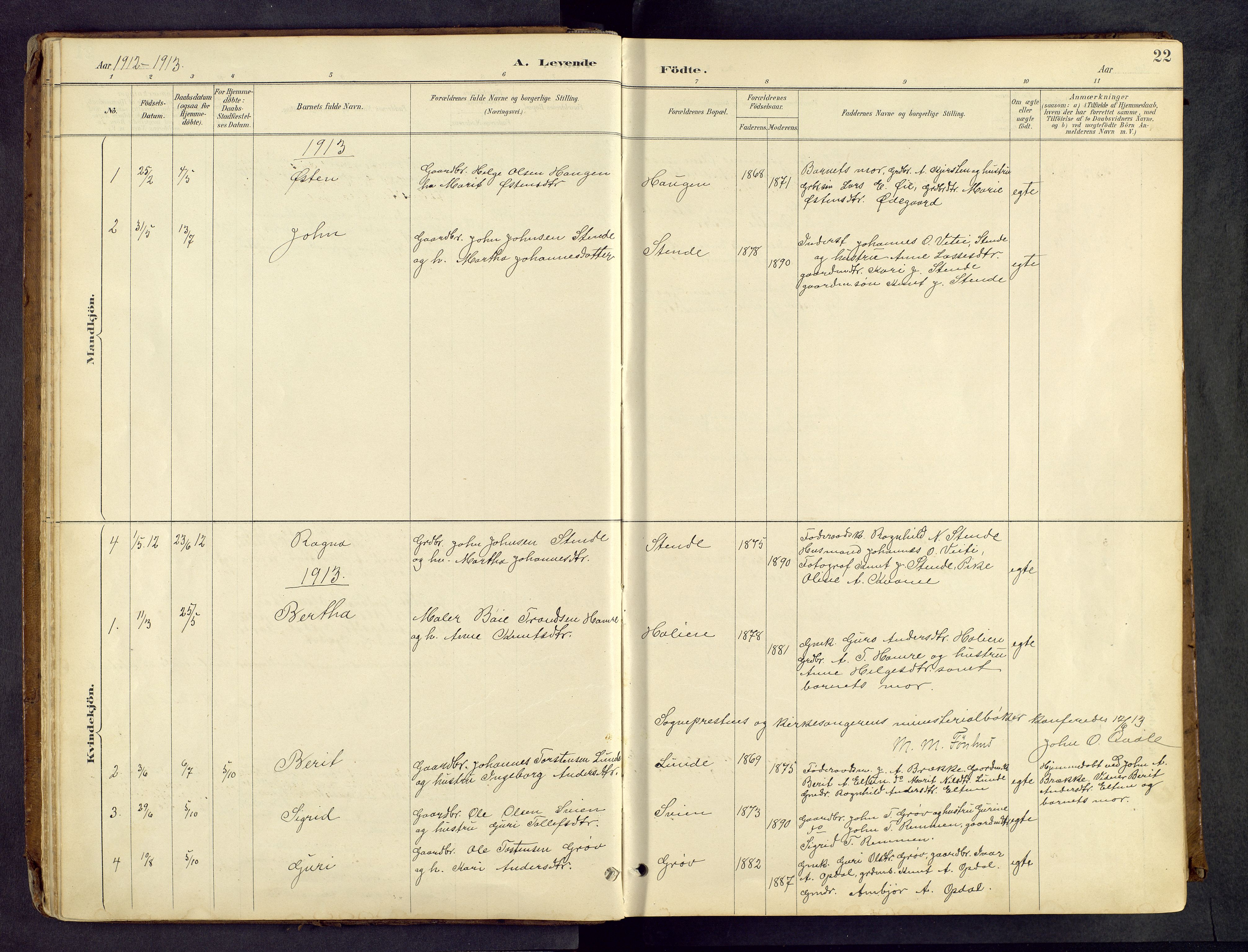 Vang prestekontor, Valdres, AV/SAH-PREST-140/H/Hb/L0005: Klokkerbok nr. 5, 1889-1945, s. 22
