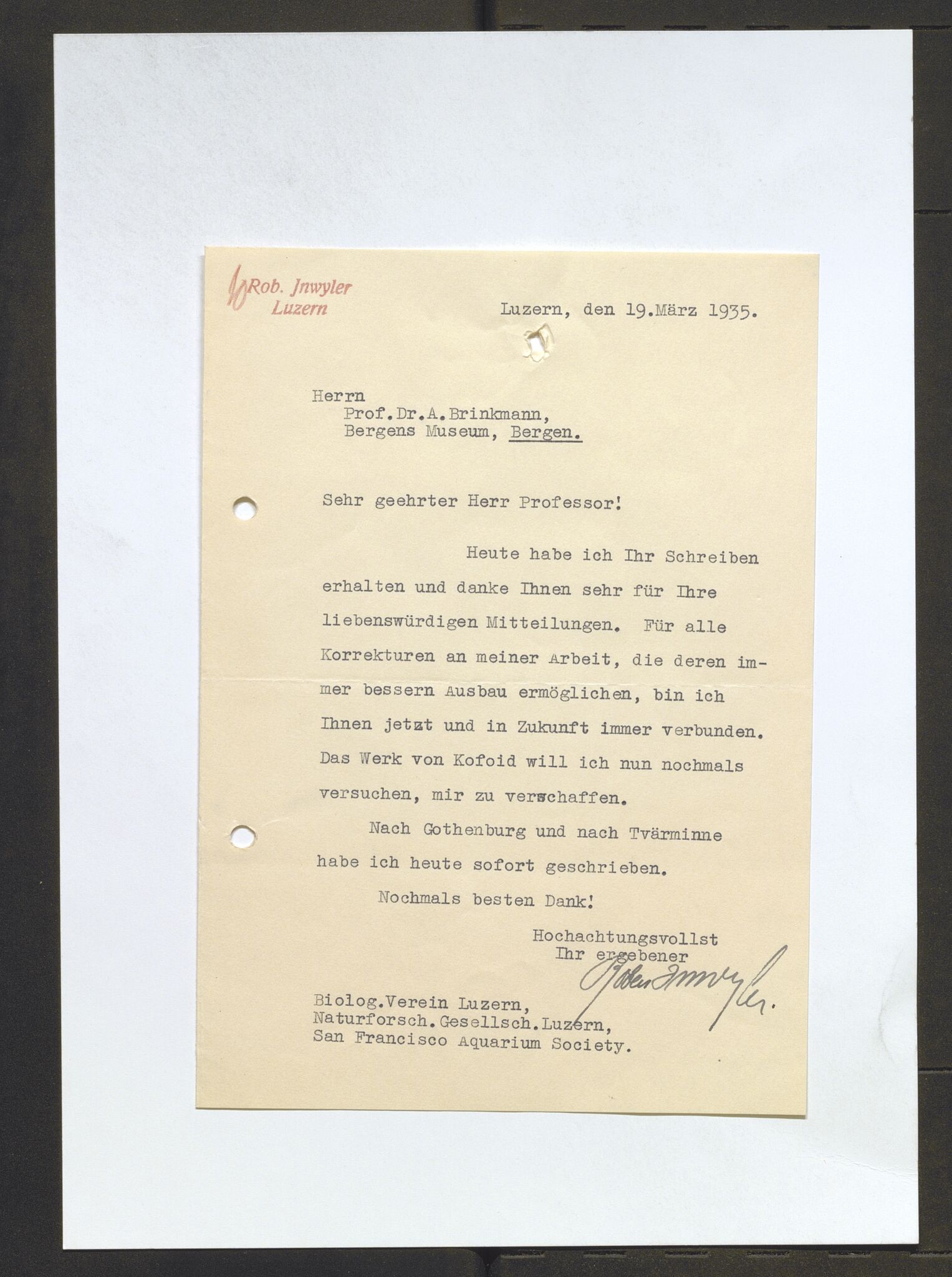Bergens Museum, AV/SAB-A-17301/13/D/L0002: Korrespondanse , 1928-1940, s. 575
