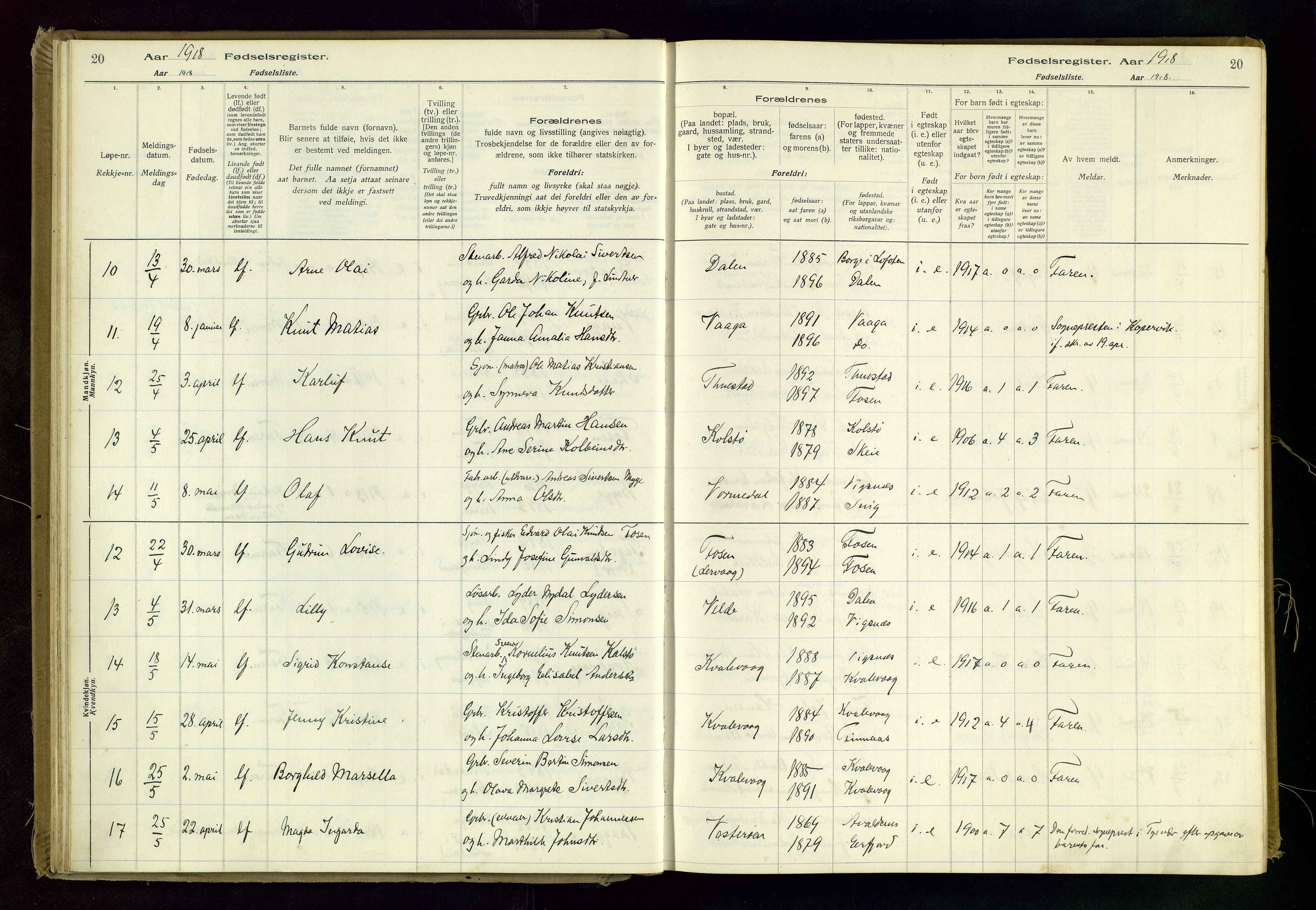 Avaldsnes sokneprestkontor, SAST/A -101851/I/Id/L0001: Fødselsregister nr. 1, 1916-1946, s. 20