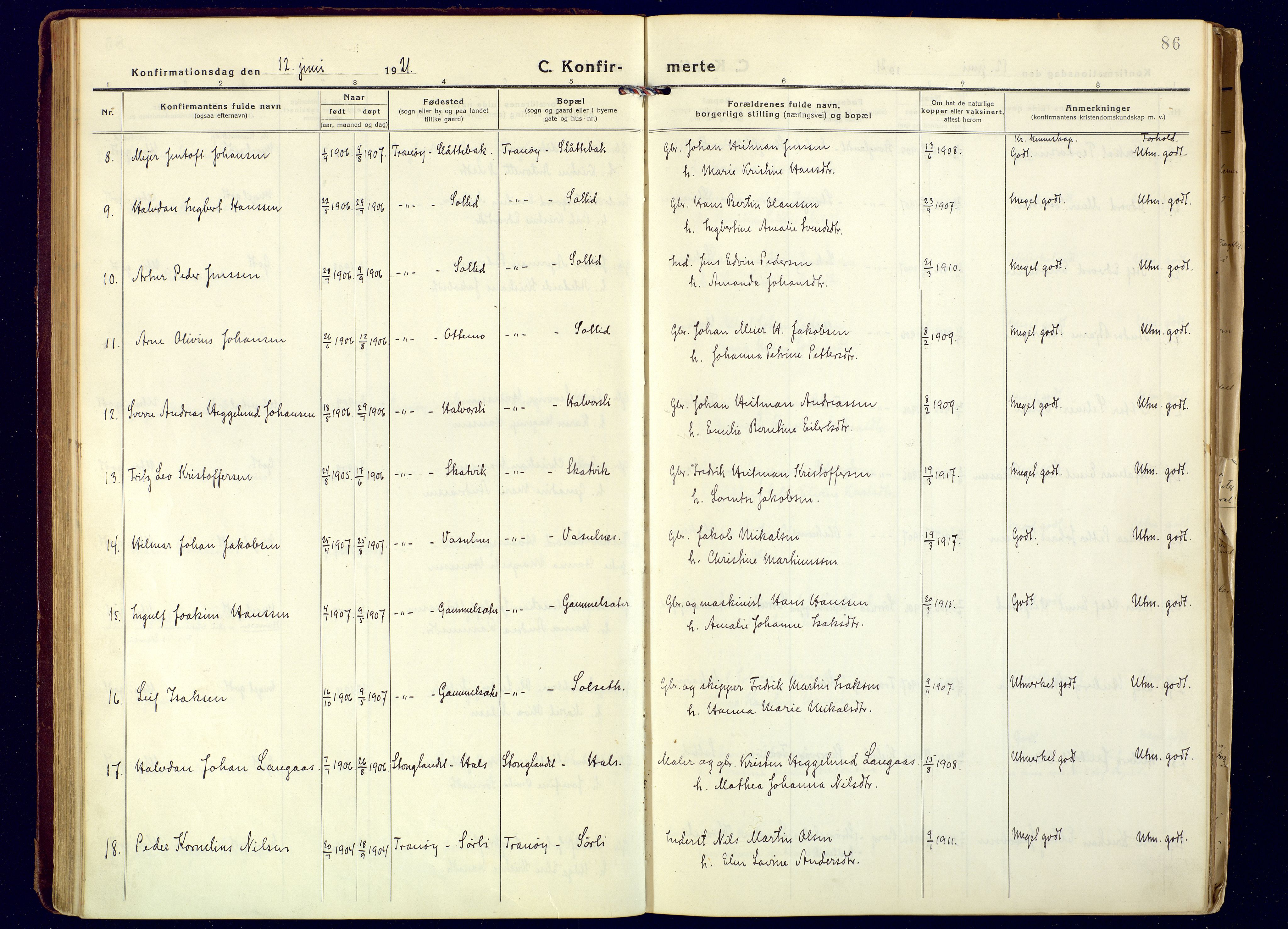 Tranøy sokneprestkontor, AV/SATØ-S-1313/I/Ia/Iaa/L0016kirke: Ministerialbok nr. 16, 1919-1932, s. 86