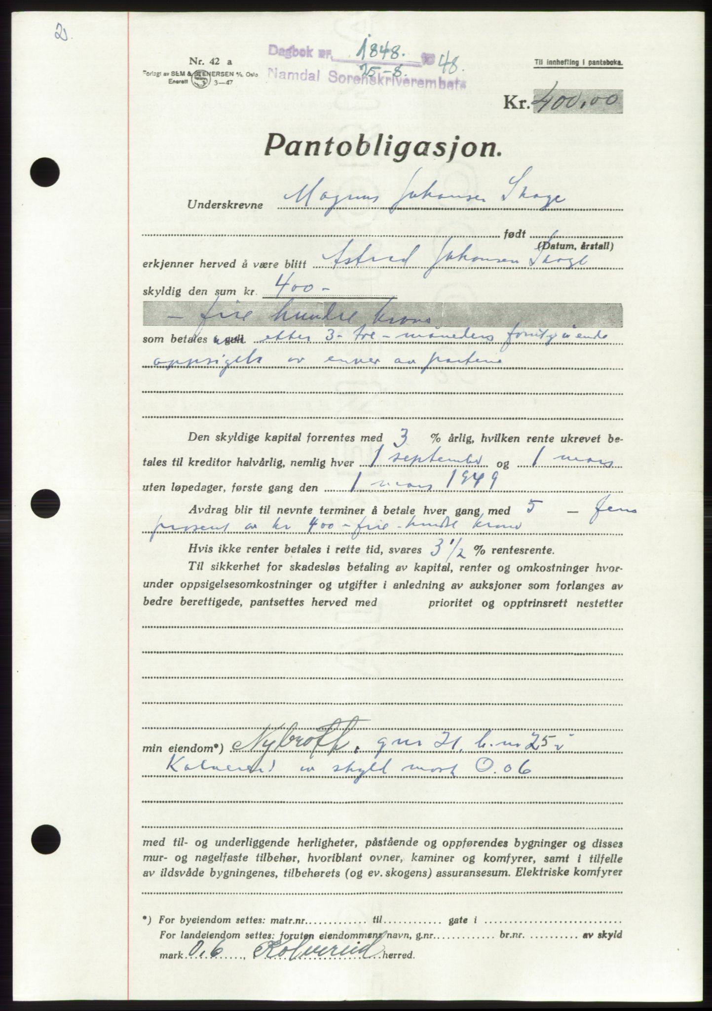 Namdal sorenskriveri, SAT/A-4133/1/2/2C: Pantebok nr. -, 1948-1948, Dagboknr: 1848/1948