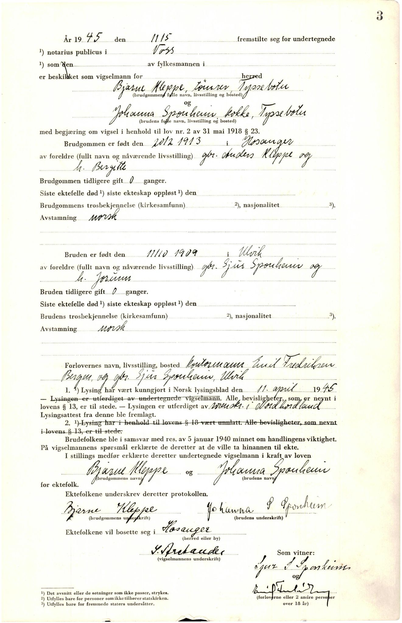 Voss sorenskrivar, AV/SAB-A-2701/M/Maa/L0003: Vigselbok, 1945-1969, s. 3