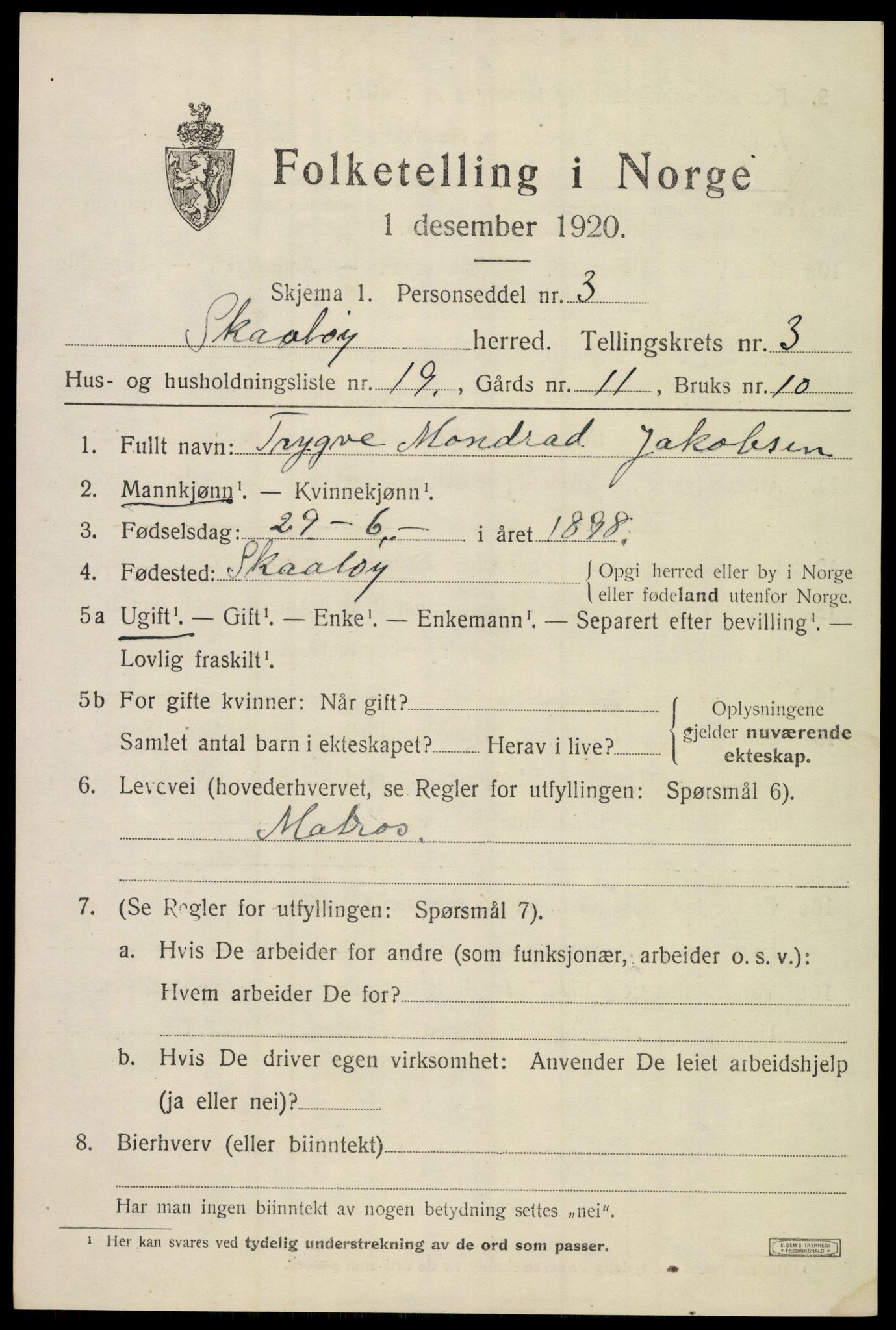 SAKO, Folketelling 1920 for 0815 Skåtøy herred, 1920, s. 2944
