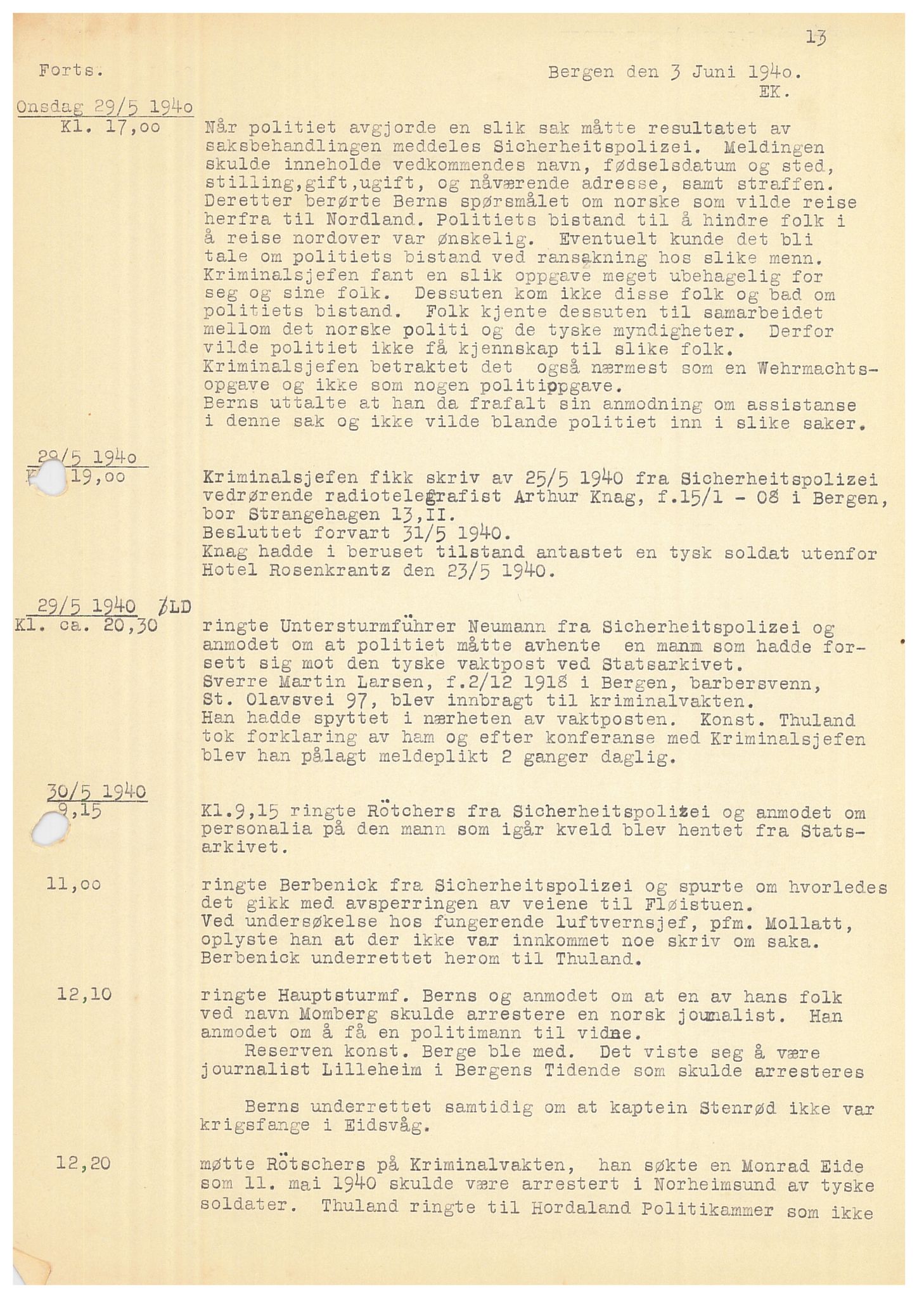 Bergen politikammer / politidistrikt, AV/SAB-A-60401/Y/Ye/L0001: Avskrift av krigsdagbok av Dankert Thuland, 1940-1941, s. 13