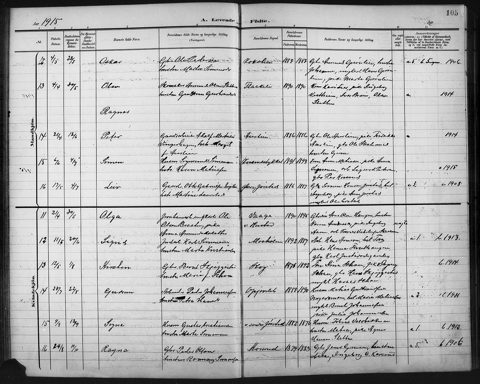 Fåberg prestekontor, AV/SAH-PREST-086/H/Ha/Hab/L0011: Klokkerbok nr. 11, 1901-1921, s. 105