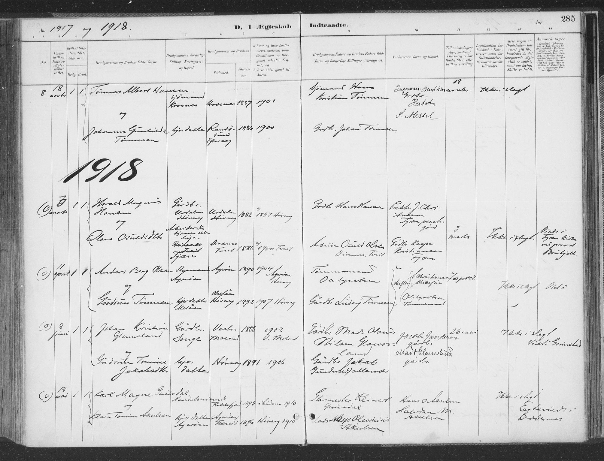 Høvåg sokneprestkontor, SAK/1111-0025/F/Fa/L0006: Ministerialbok nr. A 6, 1894-1923, s. 285