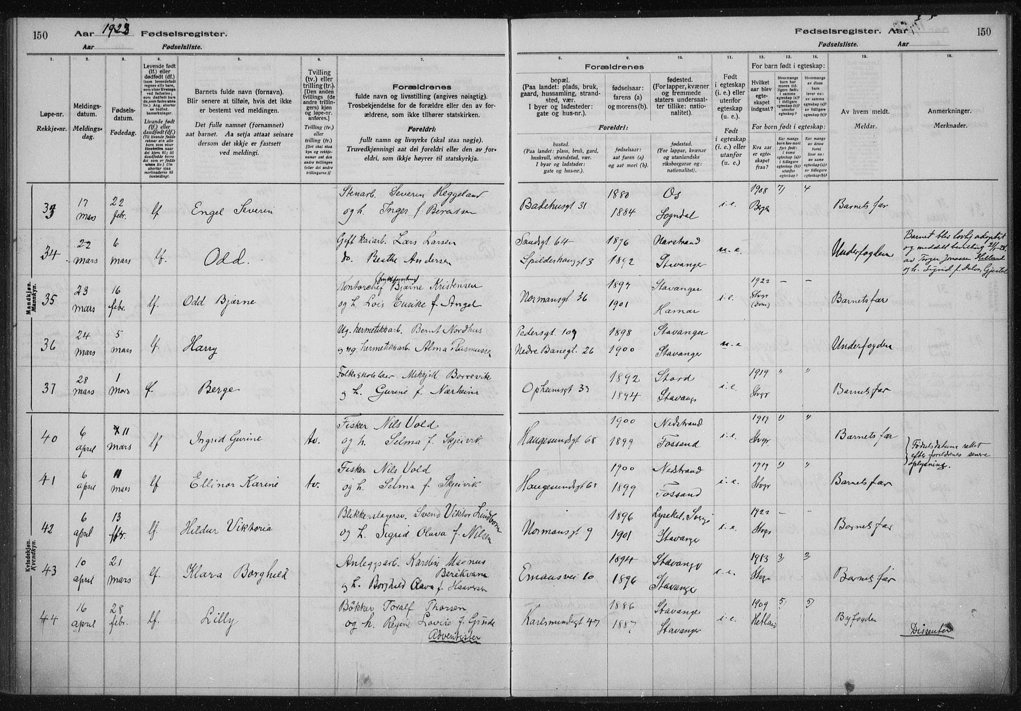 St. Johannes sokneprestkontor, AV/SAST-A-101814/002/A/L0002: Fødselsregister nr. 2, 1919-1924, s. 150