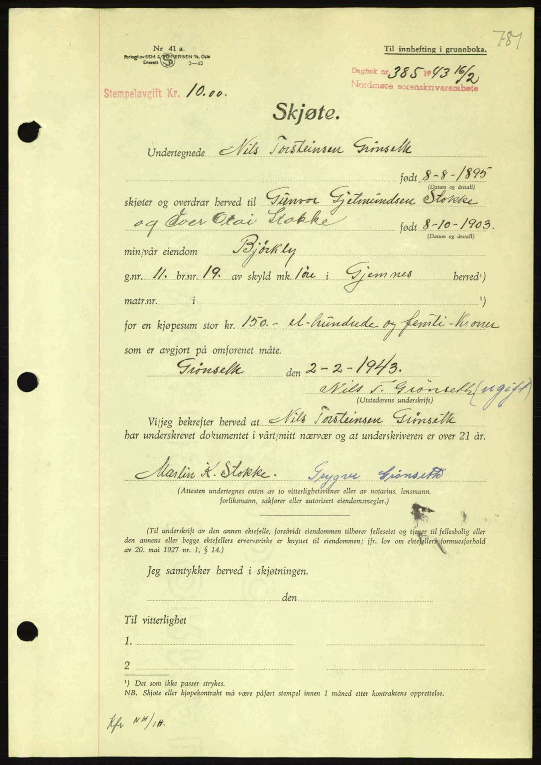 Nordmøre sorenskriveri, AV/SAT-A-4132/1/2/2Ca: Pantebok nr. A94, 1942-1943, Dagboknr: 385/1943