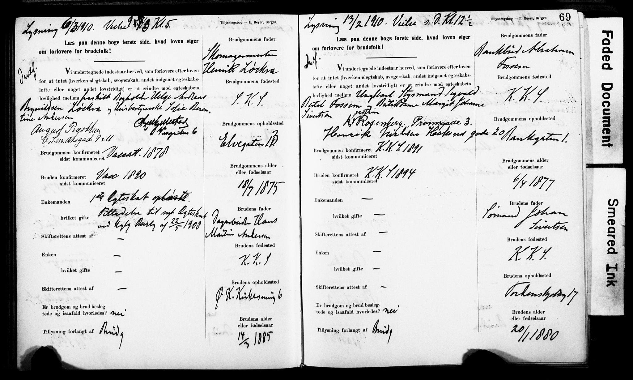 Korskirken sokneprestembete, SAB/A-76101: Forlovererklæringer nr. II.5.9, 1908-1914, s. 69