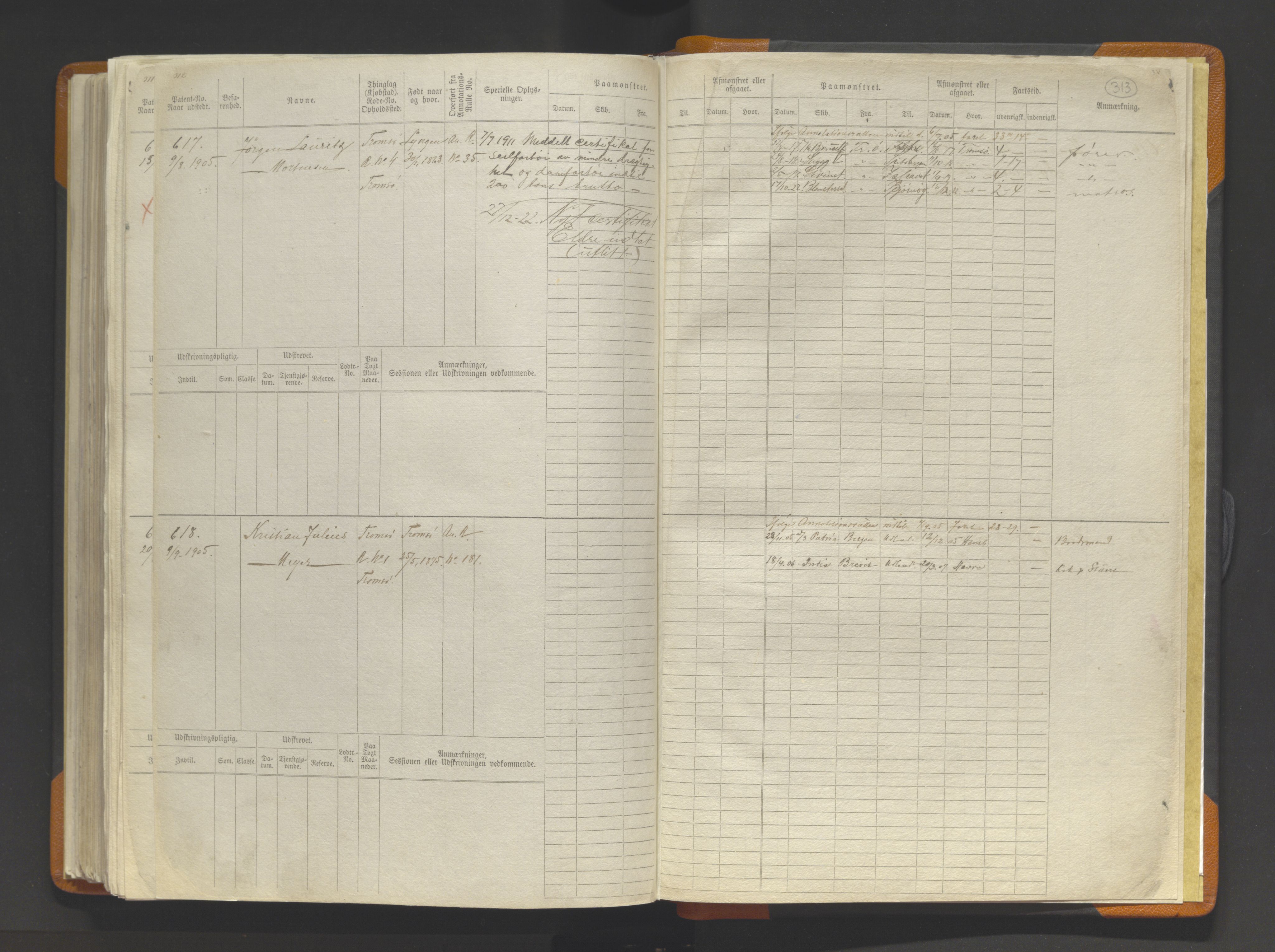 Tromsø sjømannskontor/innrullerings-/mønstringsdistrikt, AV/SATØ-S-0243/F/Fb/L0014: Sjøfartsrulle (hovedrulle). Nr. 1-620, 1868-1906, s. 313