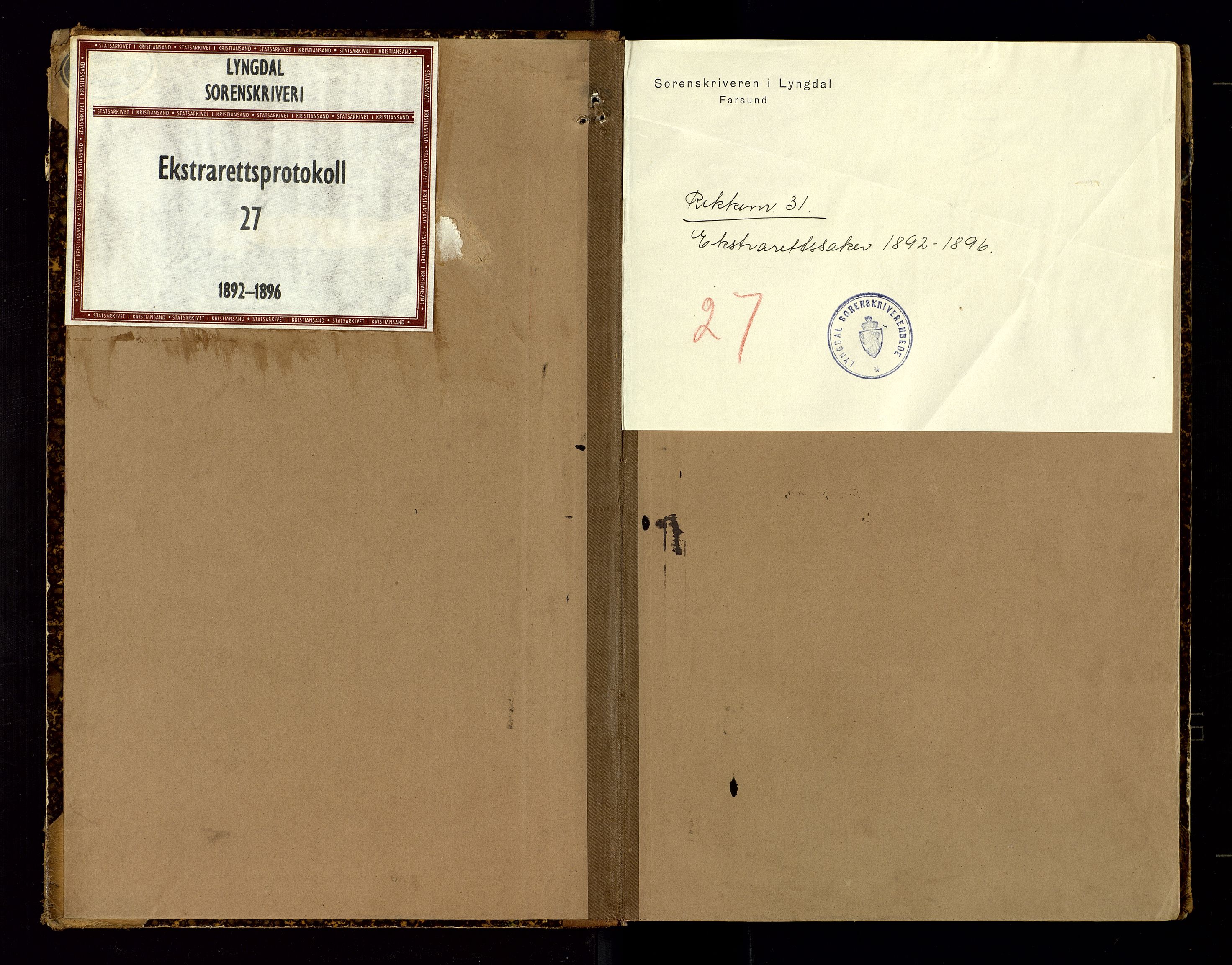 Lyngdal sorenskriveri, SAK/1221-0004/F/Fb/L0091: Ekstrarettsprotokoll nr. 27, 1892-1896