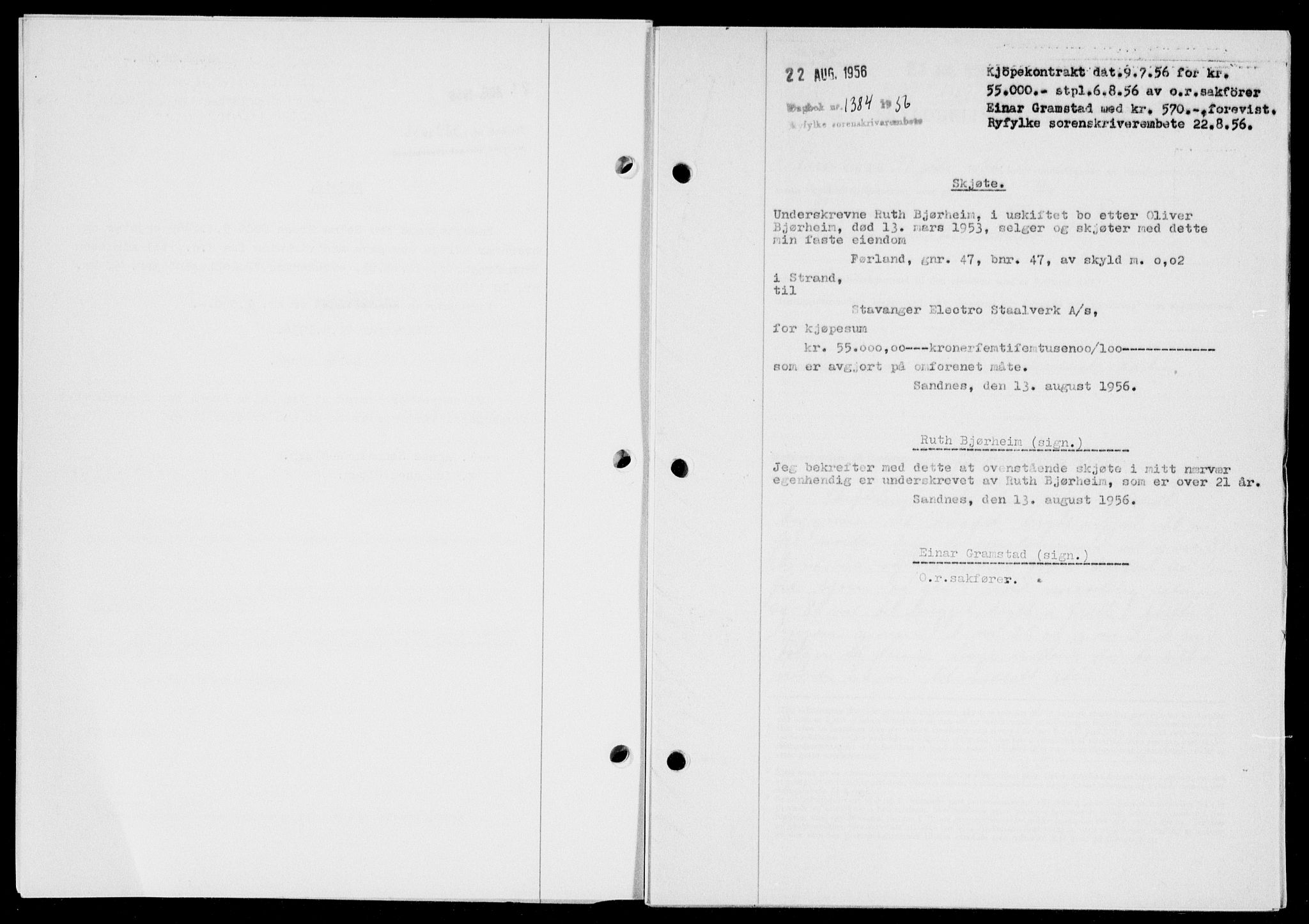 Ryfylke tingrett, SAST/A-100055/001/II/IIB/L0134: Pantebok nr. 113, 1956-1956, Dagboknr: 1384/1956