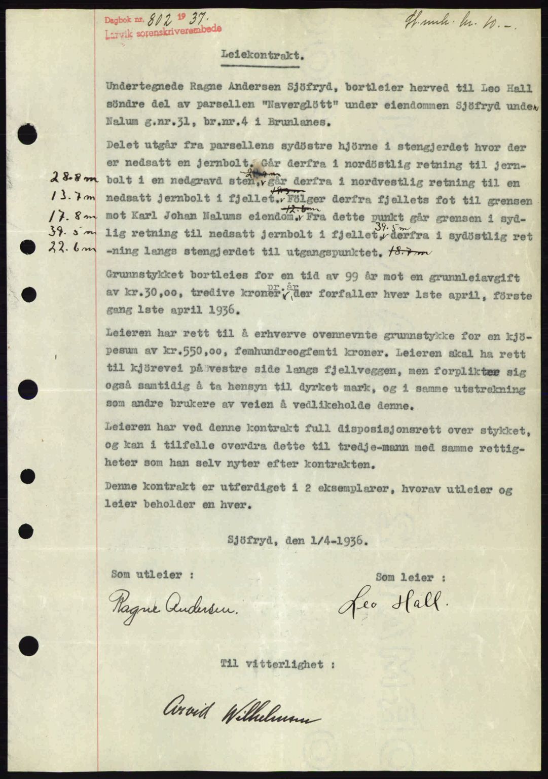 Larvik sorenskriveri, SAKO/A-83/G/Ga/Gab/L0067: Pantebok nr. A-1, 1936-1937, Dagboknr: 802/1937