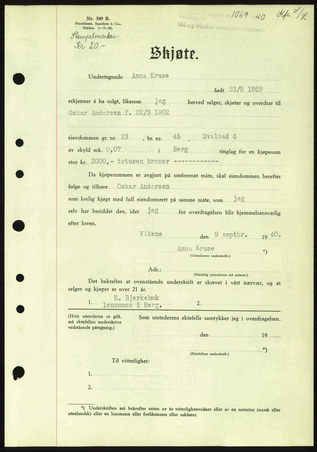 Idd og Marker sorenskriveri, AV/SAO-A-10283/G/Gb/Gbb/L0004: Pantebok nr. A4, 1940-1941, Dagboknr: 1069/1940