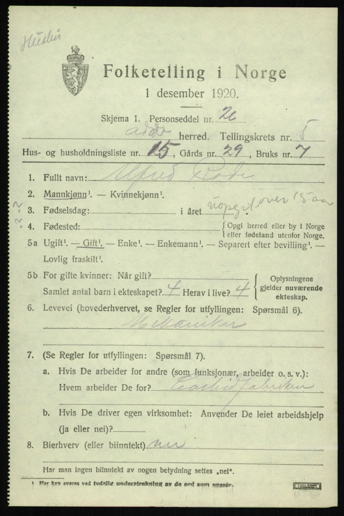 SAB, Folketelling 1920 for 1228 Odda herred, 1920, s. 3387