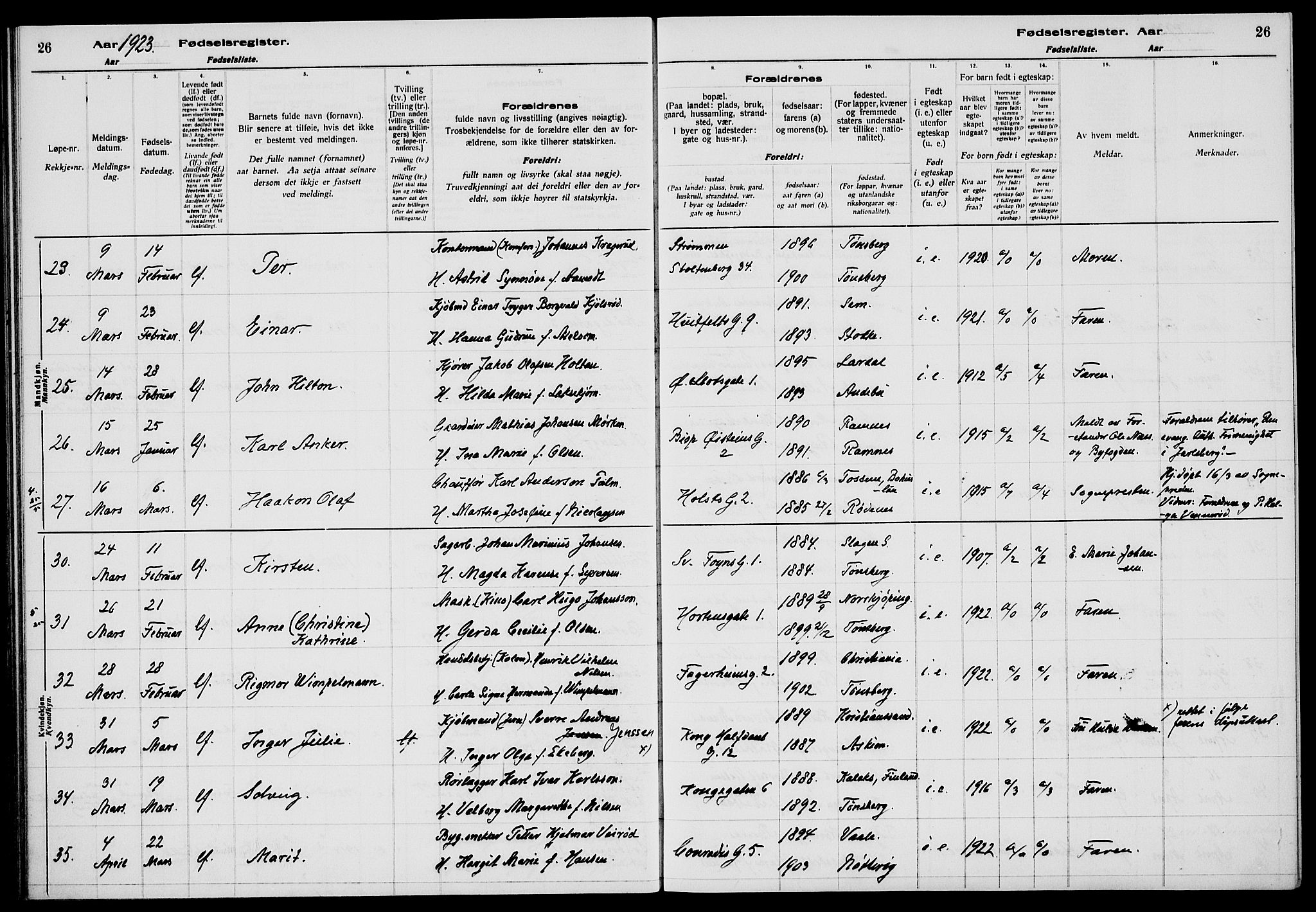 Tønsberg kirkebøker, AV/SAKO-A-330/J/Ja/L0002: Fødselsregister nr. 2, 1922-1928, s. 26