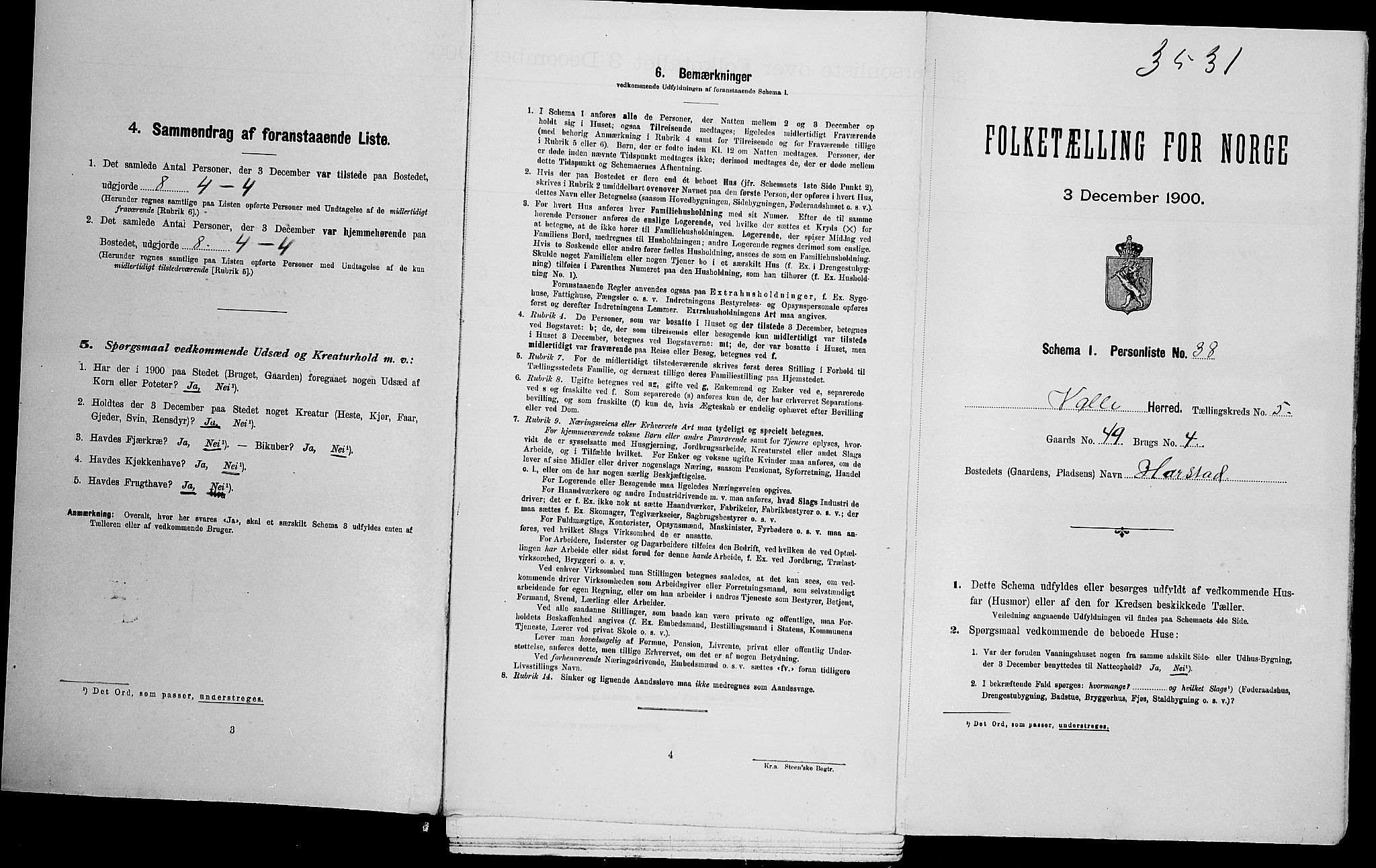 SAK, Folketelling 1900 for 0940 Valle herred, 1900, s. 492