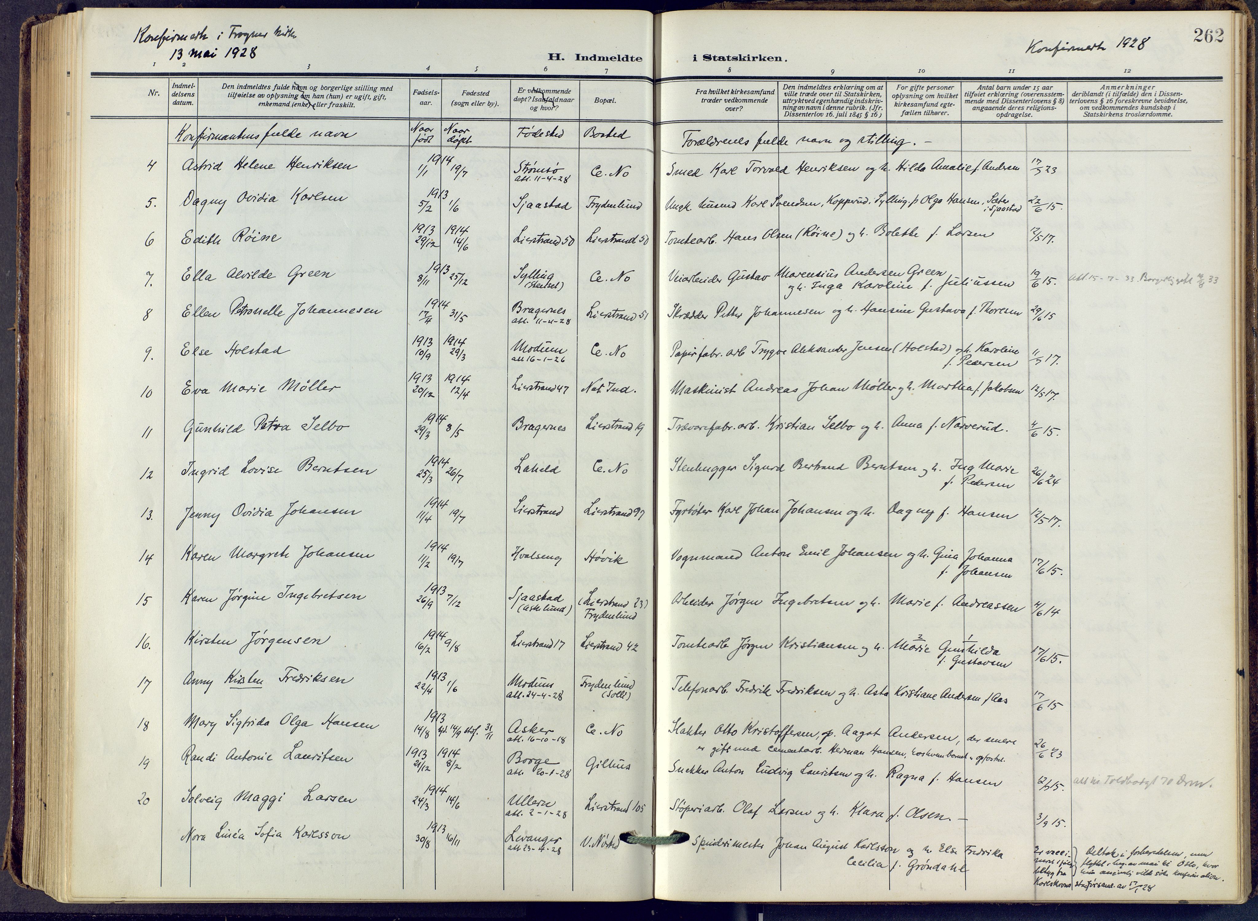 Lier kirkebøker, AV/SAKO-A-230/F/Fa/L0019: Ministerialbok nr. I 19, 1918-1928, s. 262