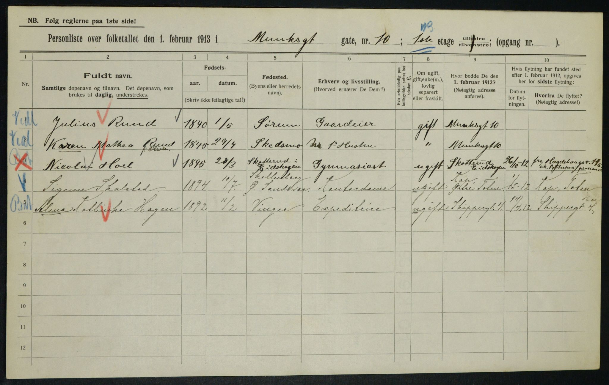 OBA, Kommunal folketelling 1.2.1913 for Kristiania, 1913, s. 66625