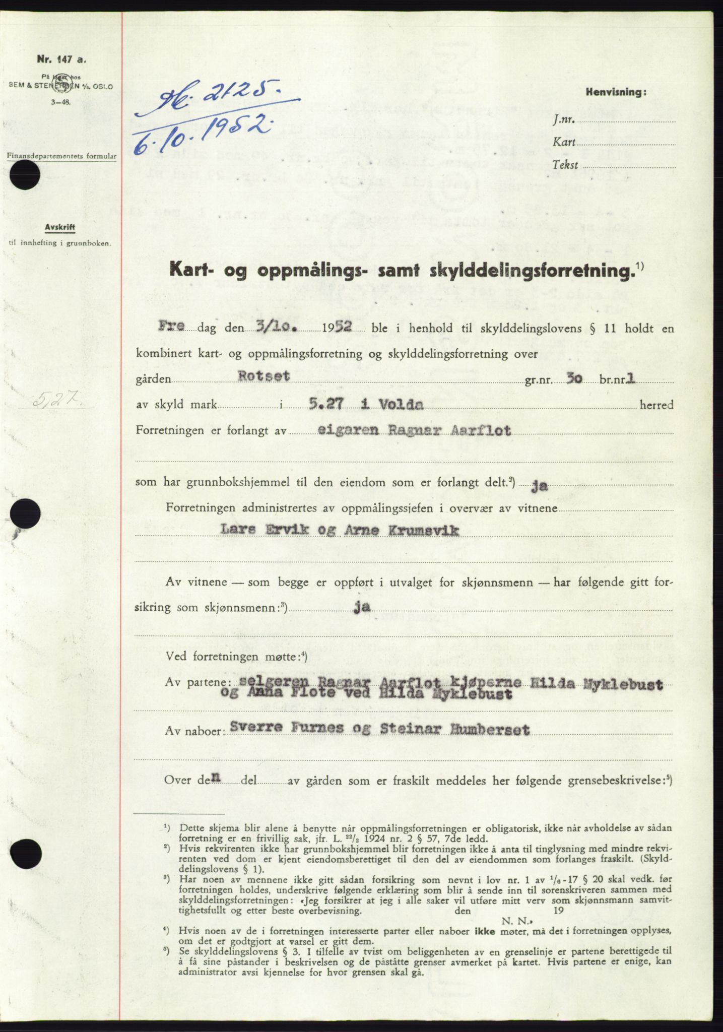 Søre Sunnmøre sorenskriveri, SAT/A-4122/1/2/2C/L0093: Pantebok nr. 19A, 1952-1953, Dagboknr: 2125/1952