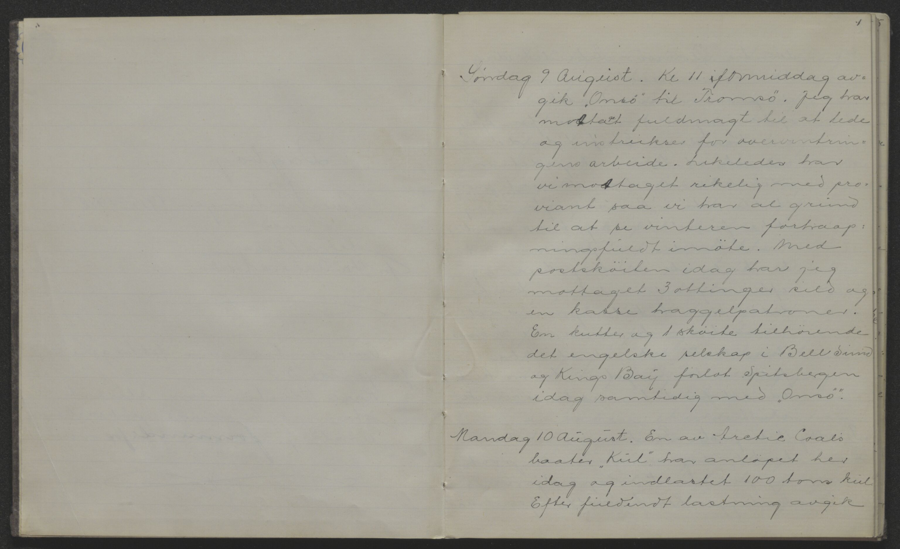 Store Norske Spitsbergen Kulkompani A/S, AV/SATØ-P-0073/01/X15/L0452/0006: Green Harbour / Green Harbour - Dagbok for overvintringen 1914-1915, ved Jens Bay for Chr. Ankers dødsbo, 1914-1915, s. 1