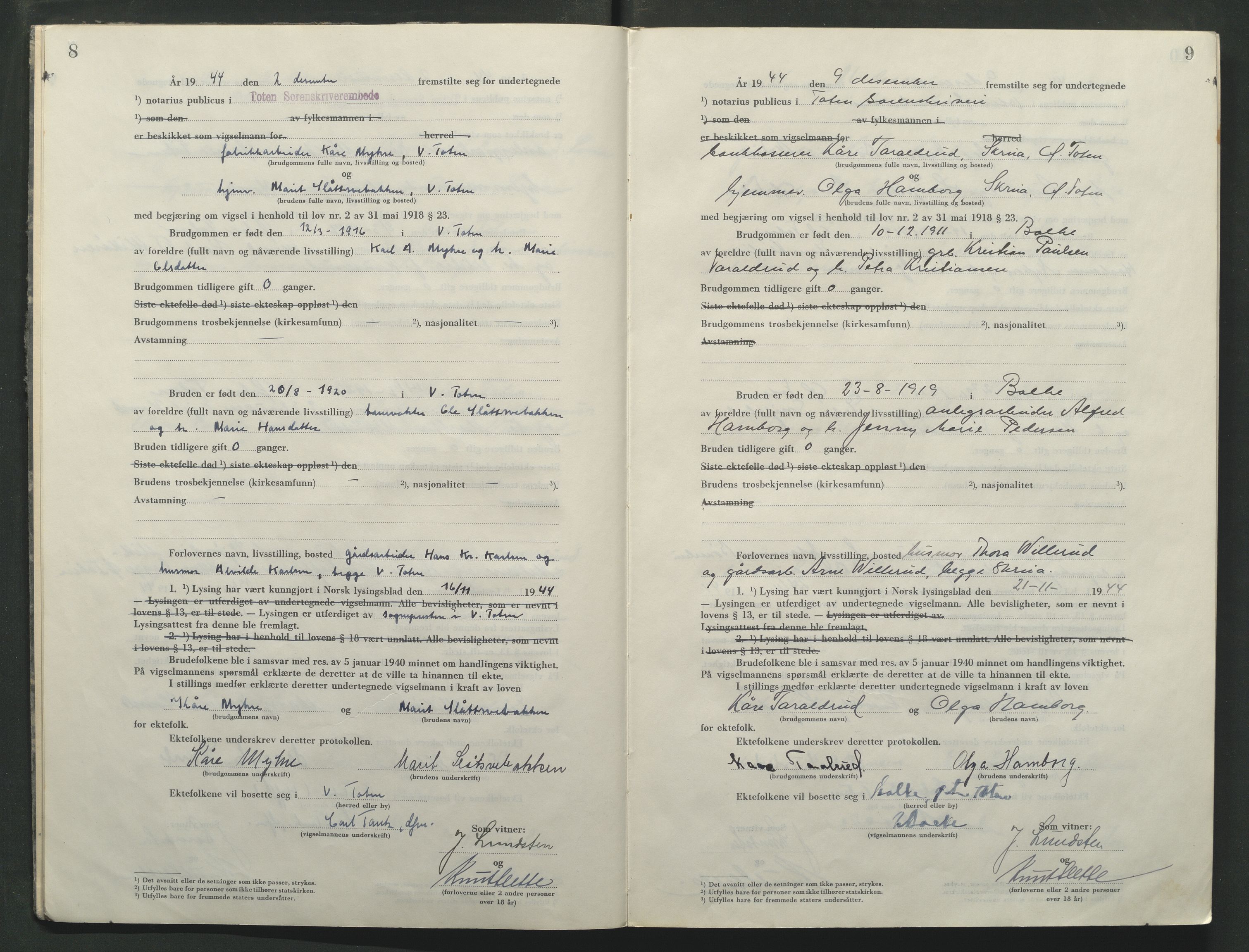 Toten tingrett, AV/SAH-TING-006/L/Lc/L0005: Vigselbok, 1944-1948, s. 8-9