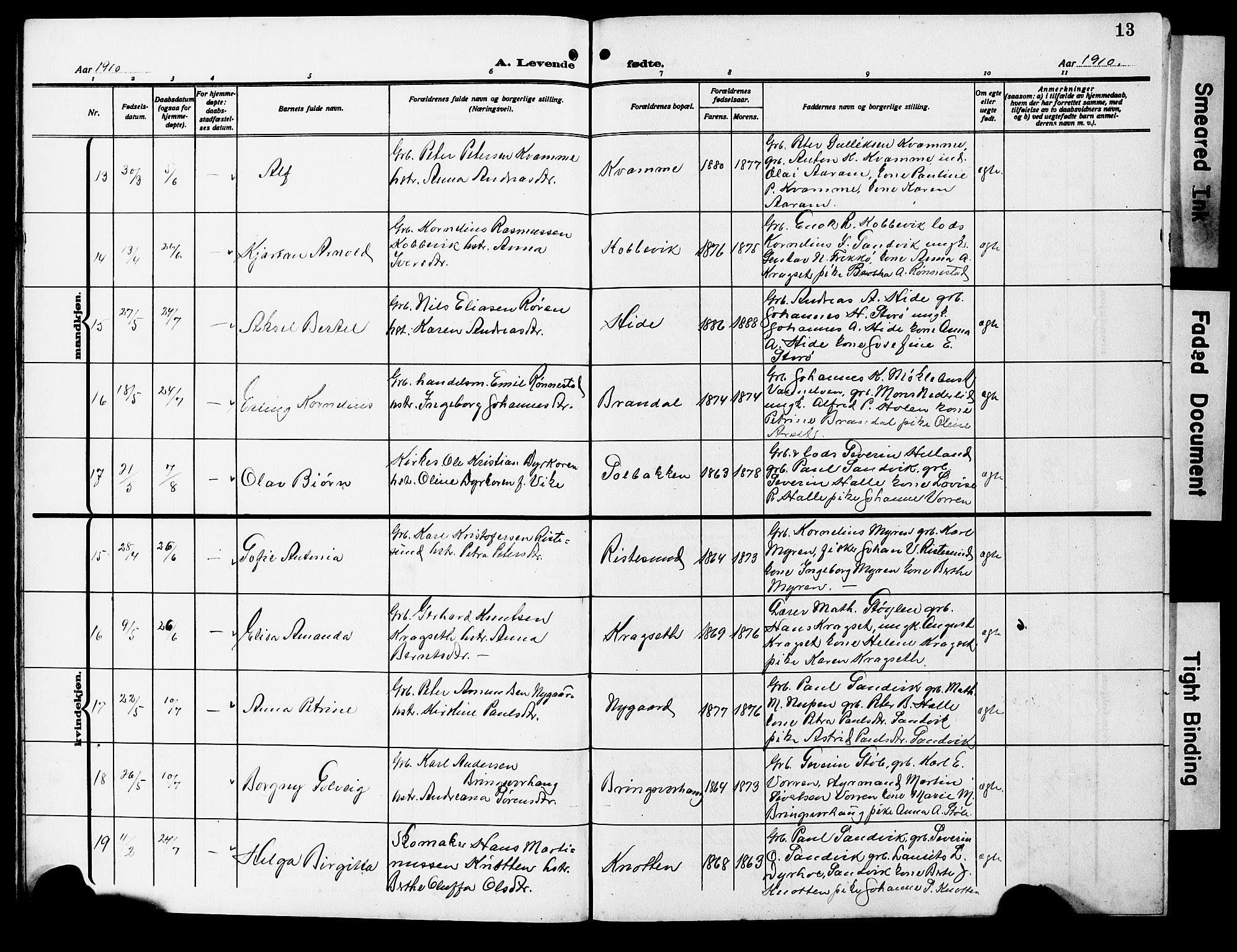 Ministerialprotokoller, klokkerbøker og fødselsregistre - Møre og Romsdal, AV/SAT-A-1454/503/L0050: Klokkerbok nr. 503C05, 1909-1922, s. 13