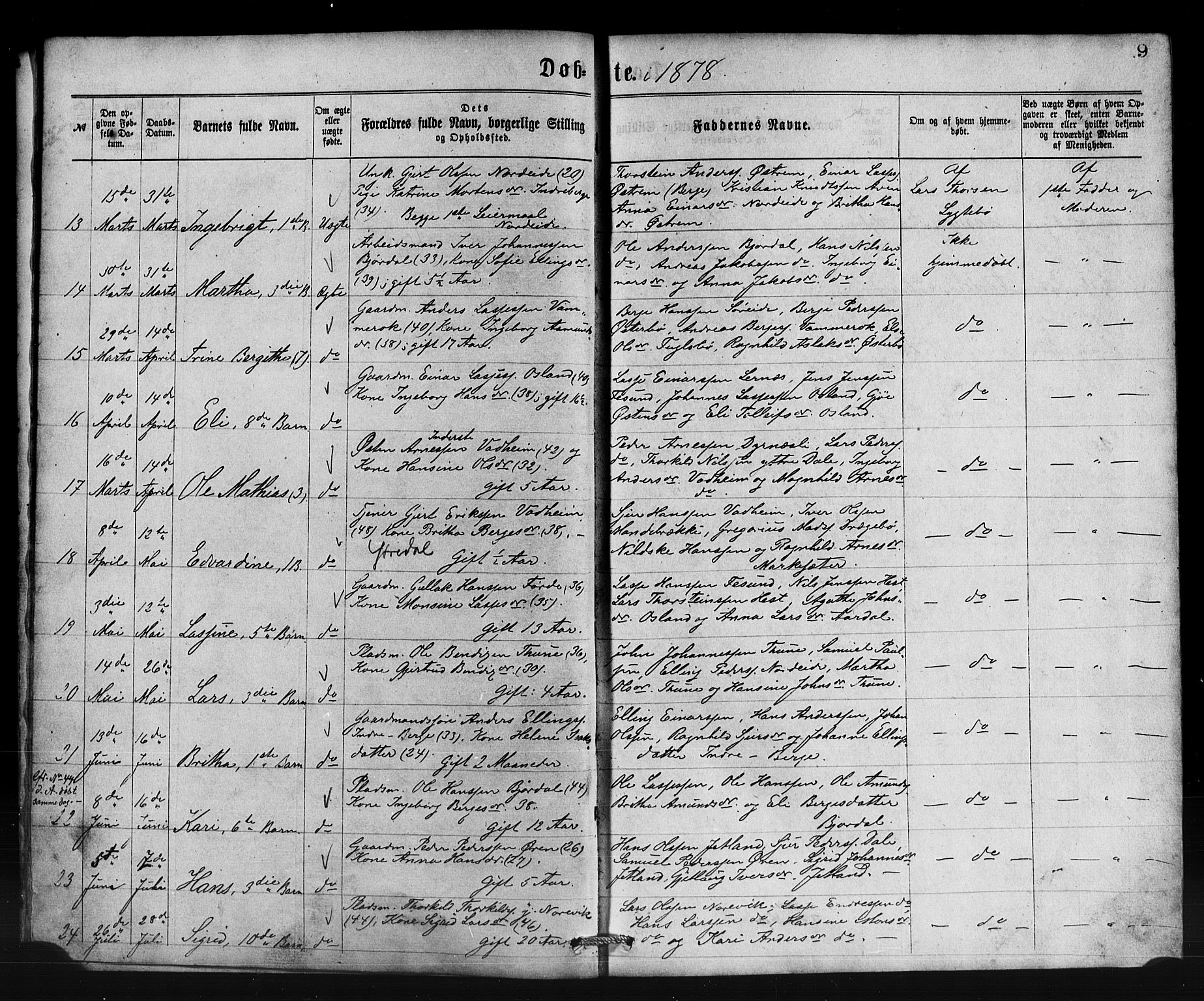 Lavik sokneprestembete, AV/SAB-A-80901: Klokkerbok nr. B 2, 1870-1881, s. 9