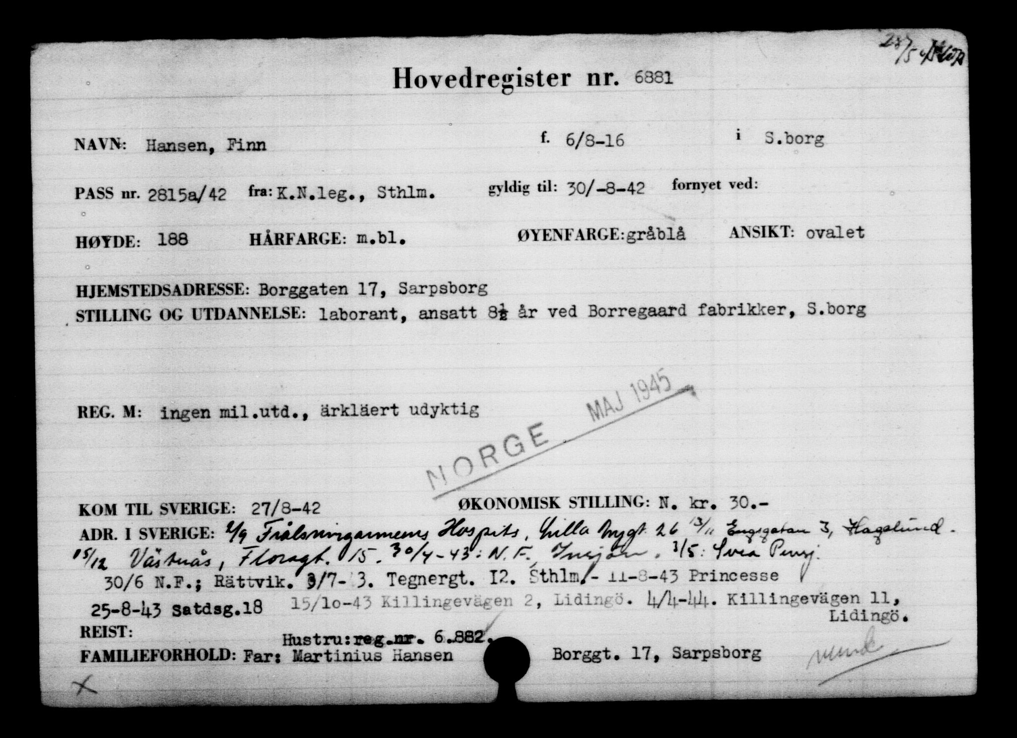 Utenriksstasjonene, Legasjonen i Stockholm, Flyktningkontoret, AV/RA-S-6753/V/Va/L0005: Kjesäterkartoteket, flyktninger med registreringsnr. 6600-9417, 1940-1945, s. 343