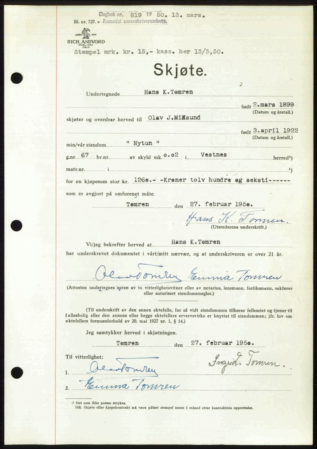 Romsdal sorenskriveri, SAT/A-4149/1/2/2C: Pantebok nr. A32, 1950-1950, Dagboknr: 819/1950