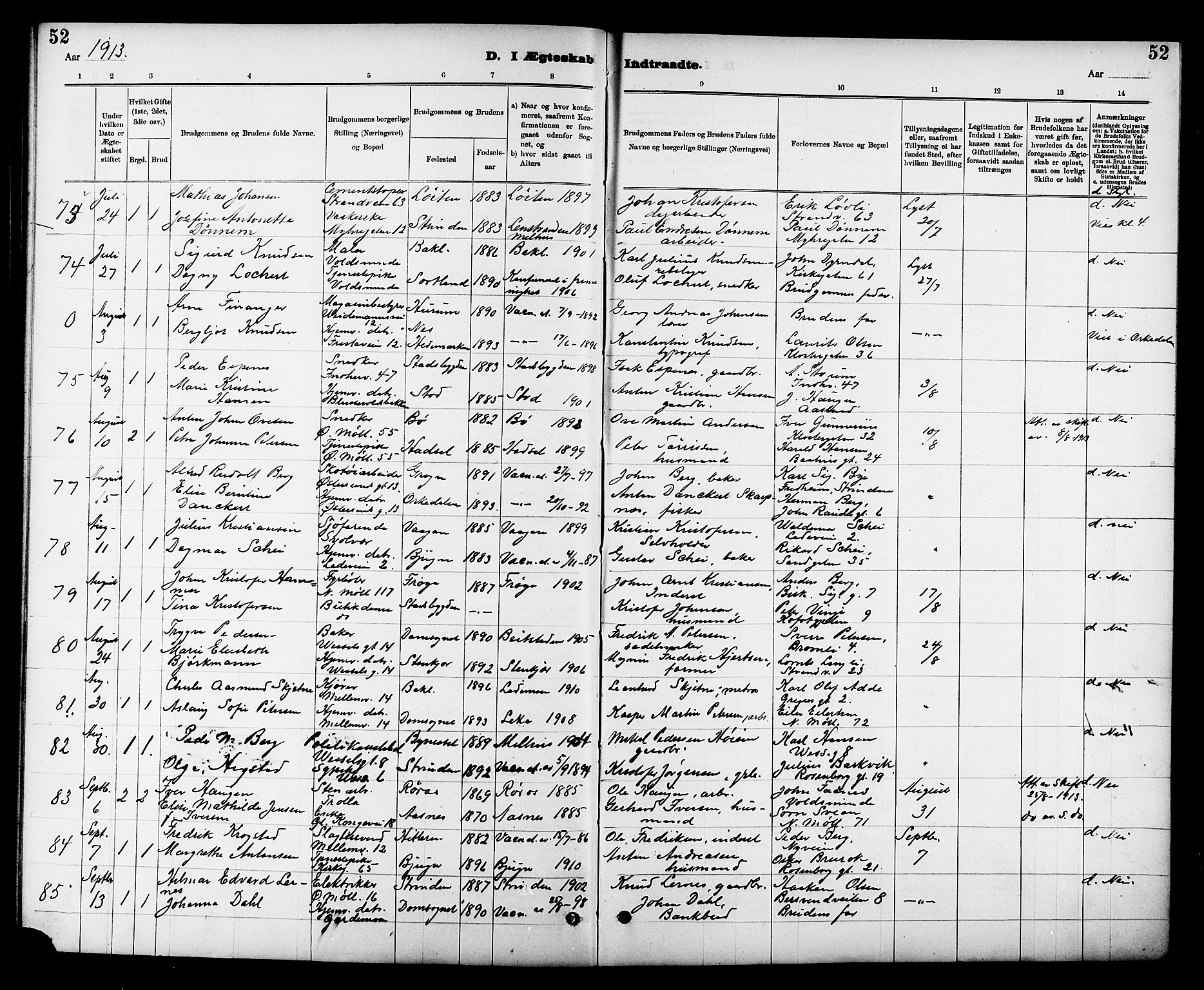 Ministerialprotokoller, klokkerbøker og fødselsregistre - Sør-Trøndelag, AV/SAT-A-1456/605/L0255: Klokkerbok nr. 605C02, 1908-1918, s. 52