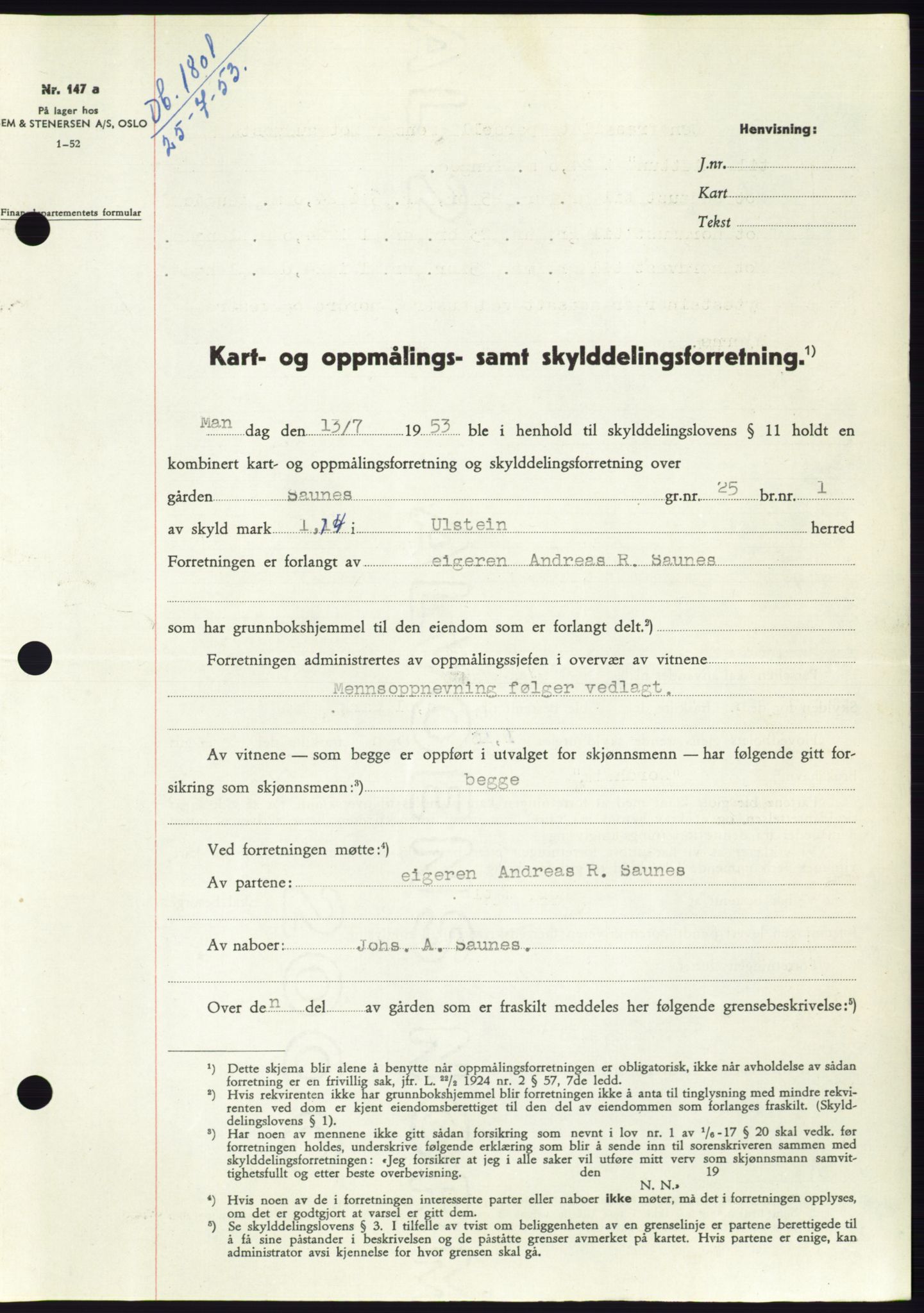Søre Sunnmøre sorenskriveri, AV/SAT-A-4122/1/2/2C/L0095: Pantebok nr. 21A, 1953-1953, Dagboknr: 1801/1953