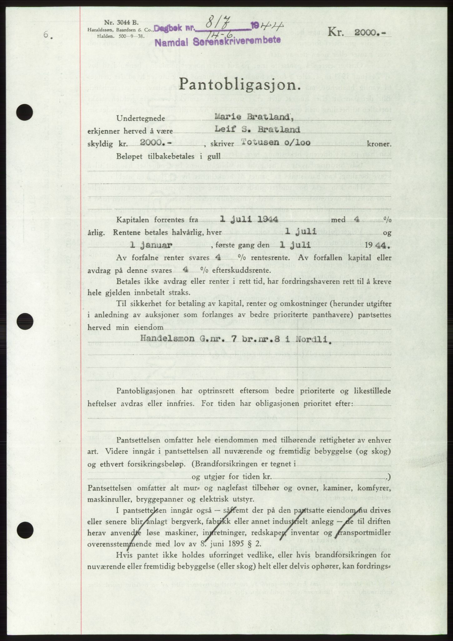 Namdal sorenskriveri, SAT/A-4133/1/2/2C: Pantebok nr. -, 1944-1945, Dagboknr: 817/1944