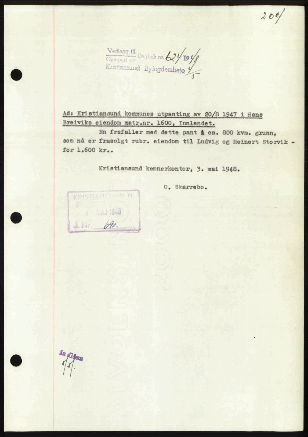Kristiansund byfogd, AV/SAT-A-4587/A/27: Pantebok nr. 44, 1947-1948, Dagboknr: 624/1948