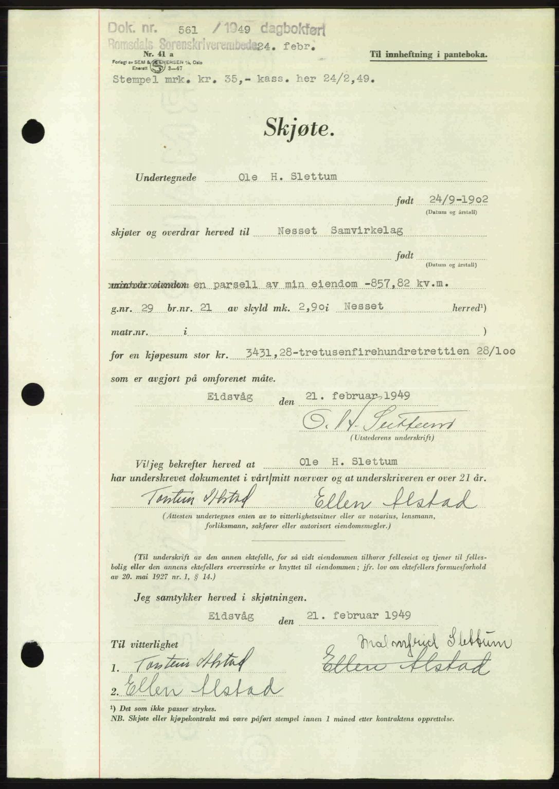 Romsdal sorenskriveri, AV/SAT-A-4149/1/2/2C: Pantebok nr. A28, 1948-1949, Dagboknr: 561/1949