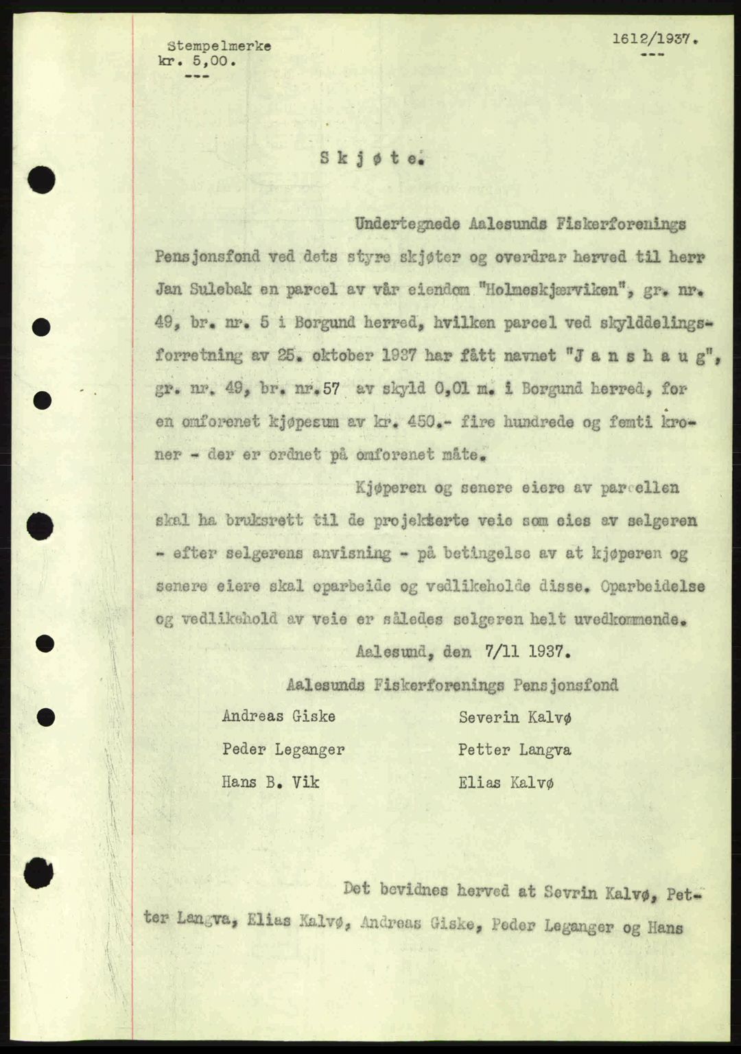Nordre Sunnmøre sorenskriveri, SAT/A-0006/1/2/2C/2Ca: Pantebok nr. A3, 1937-1937, Dagboknr: 1612/1937