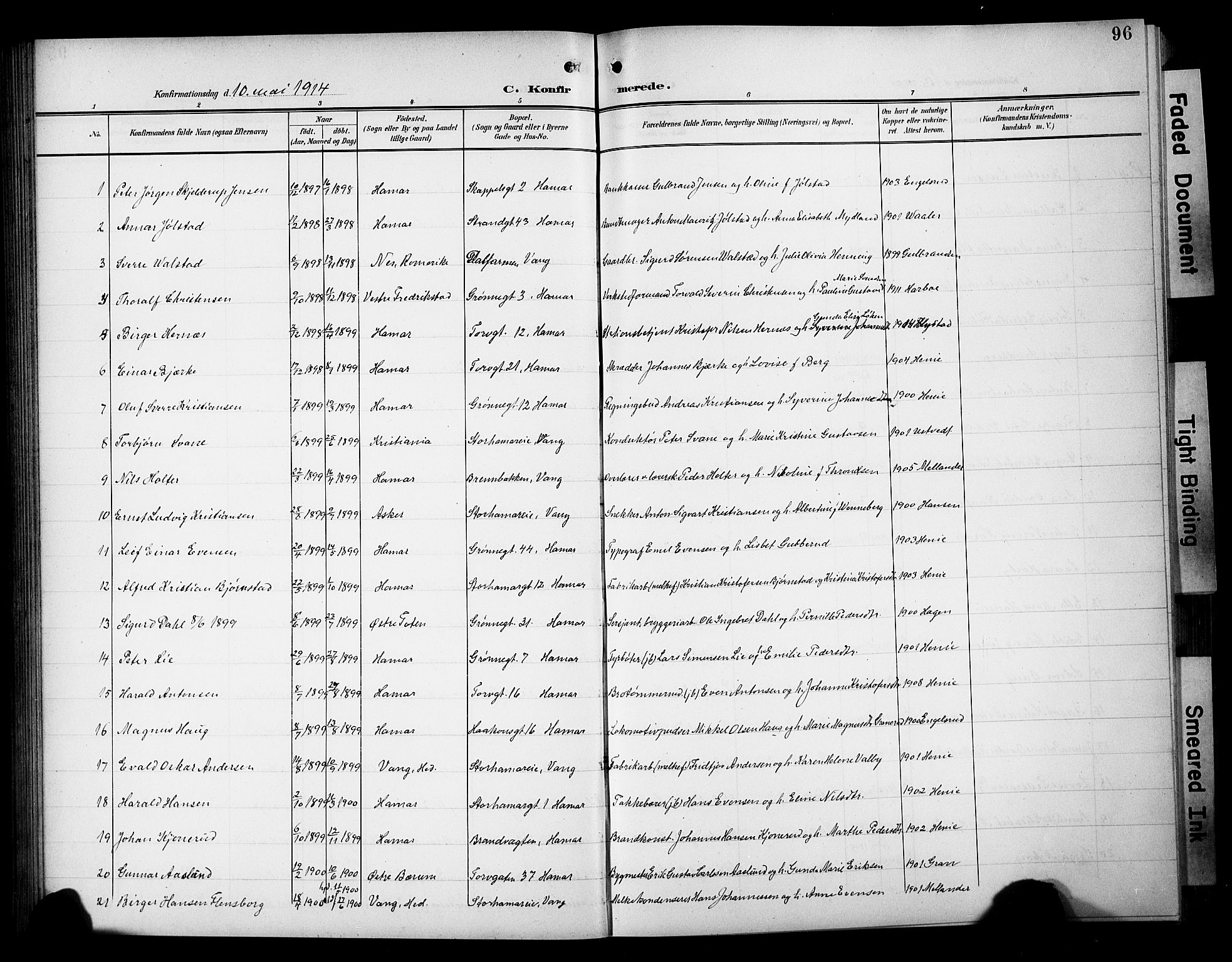 Hamar prestekontor, AV/SAH-DOMPH-002/H/Ha/Hab/L0002: Klokkerbok nr. 2, 1899-1929, s. 96