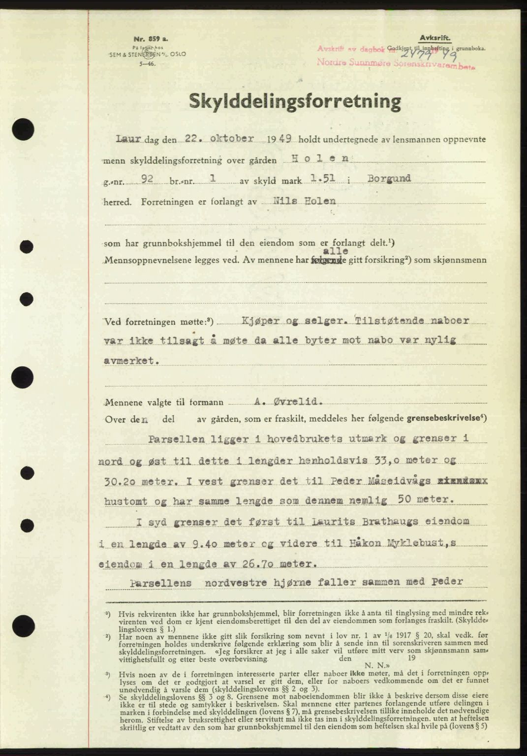 Nordre Sunnmøre sorenskriveri, SAT/A-0006/1/2/2C/2Ca: Pantebok nr. A32, 1949-1949, Dagboknr: 2479/1949