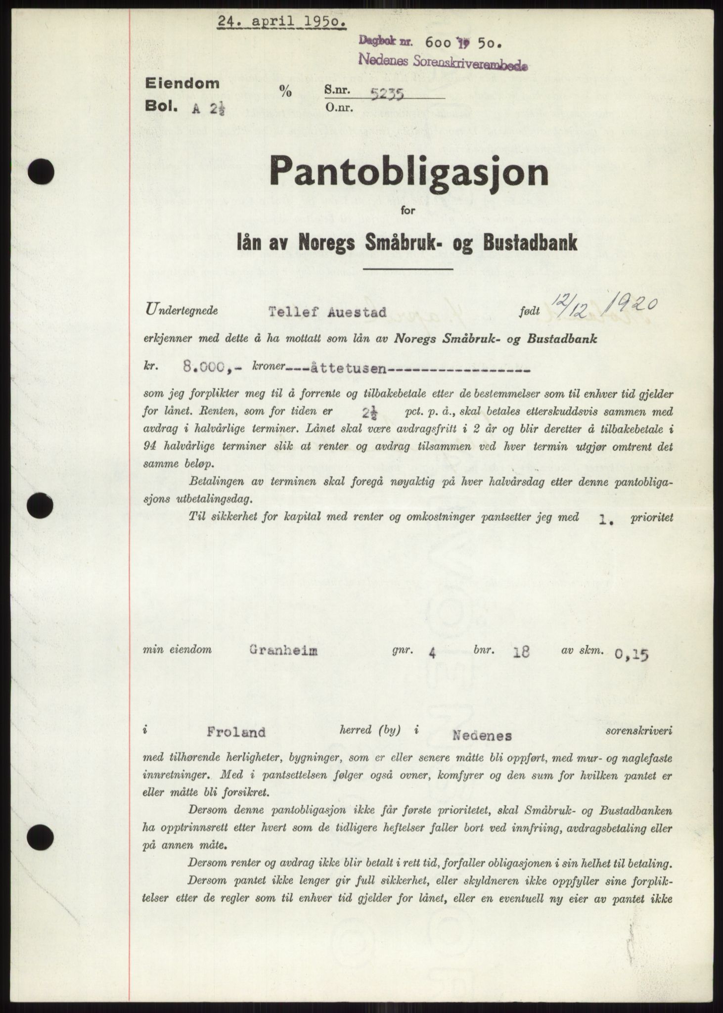 Nedenes sorenskriveri, SAK/1221-0006/G/Gb/Gbb/L0007: Pantebok nr. B7, 1949-1950, Dagboknr: 600/1950