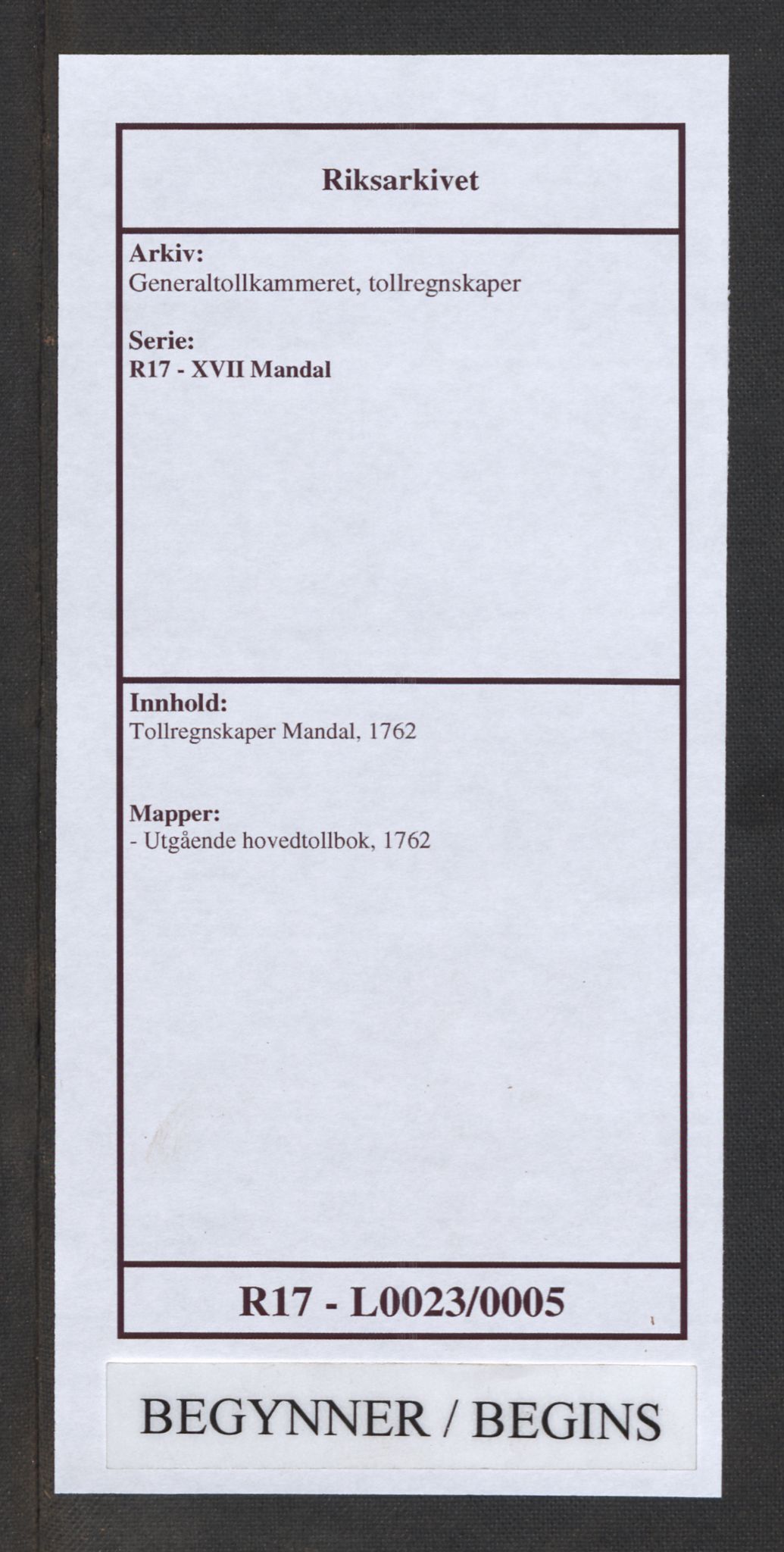 Generaltollkammeret, tollregnskaper, AV/RA-EA-5490/R17/L0023/0005: Tollregnskaper Mandal / Utgående hovedtollbok, 1762