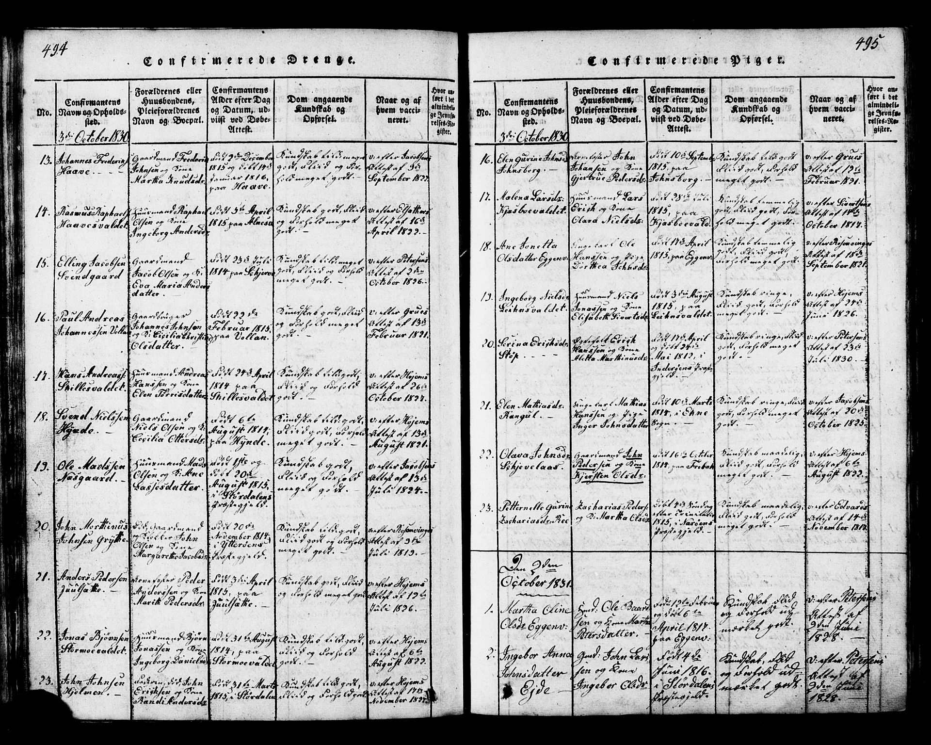 Ministerialprotokoller, klokkerbøker og fødselsregistre - Nord-Trøndelag, AV/SAT-A-1458/717/L0169: Klokkerbok nr. 717C01, 1816-1834, s. 494-495