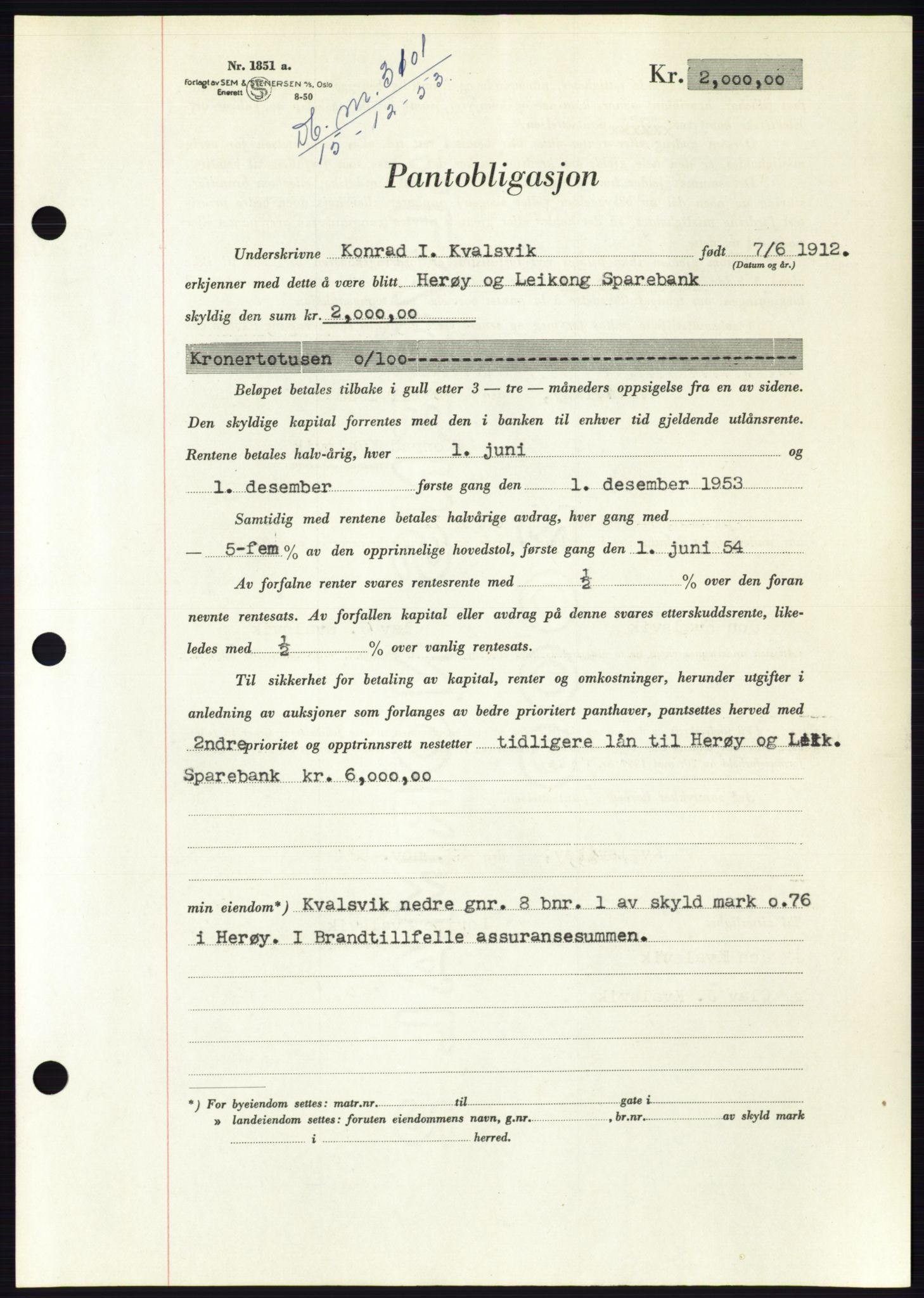 Søre Sunnmøre sorenskriveri, AV/SAT-A-4122/1/2/2C/L0124: Pantebok nr. 12B, 1953-1954, Dagboknr: 3101/1953