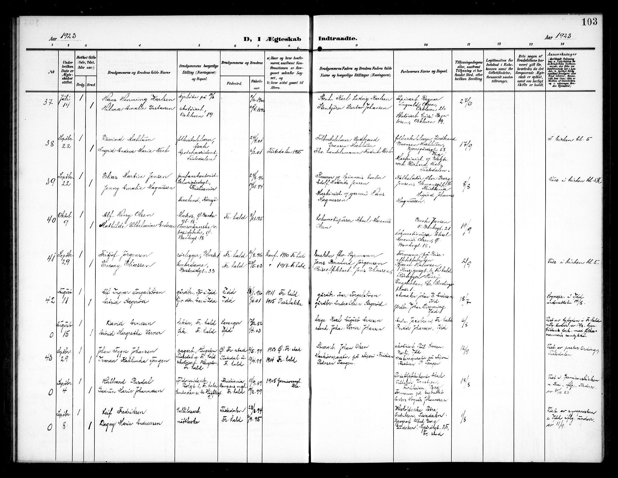 Halden prestekontor Kirkebøker, SAO/A-10909/G/Ga/L0011: Klokkerbok nr. 11, 1906-1934, s. 103